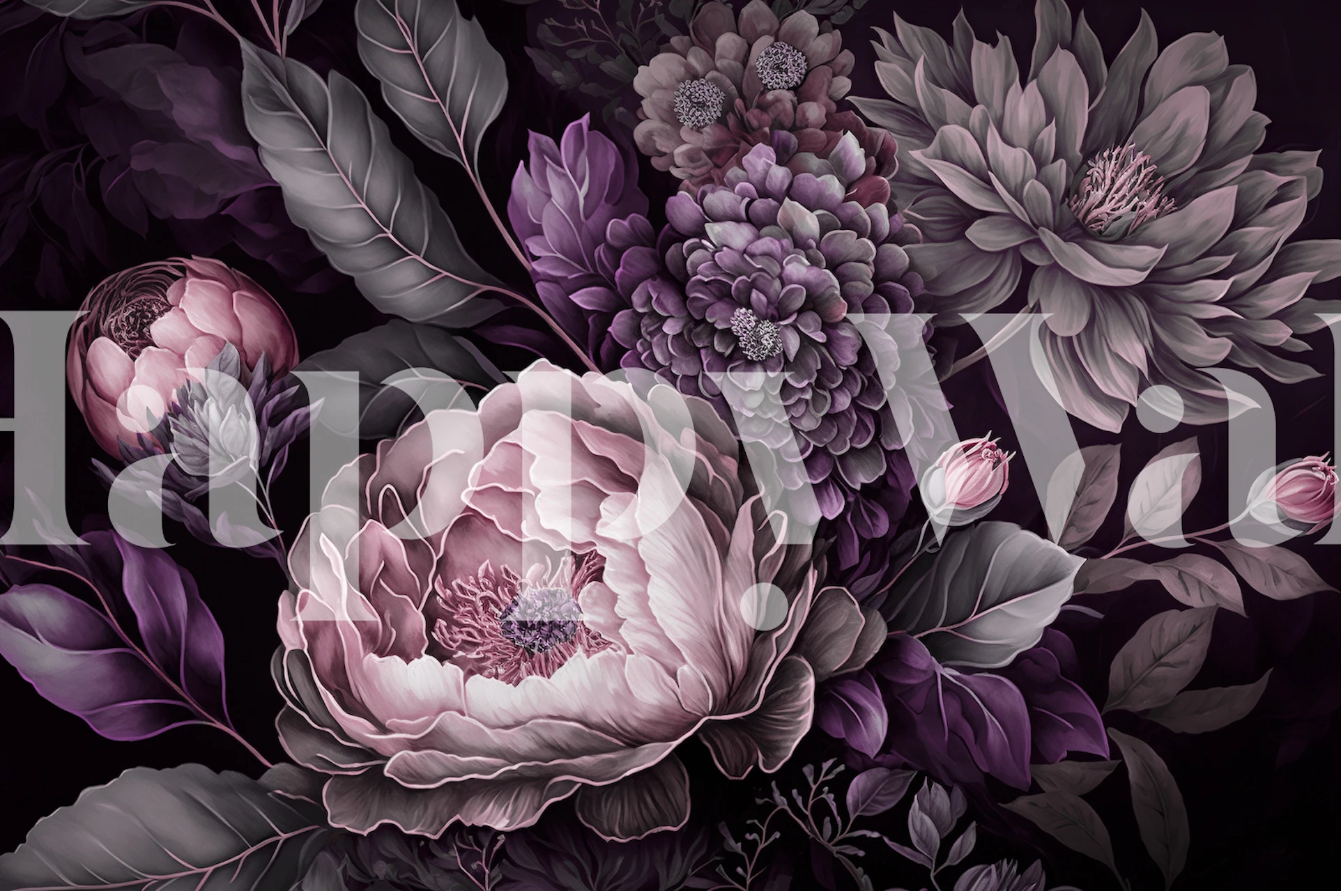 Luxe roze grote bloemenmuurschildering in barokstijl