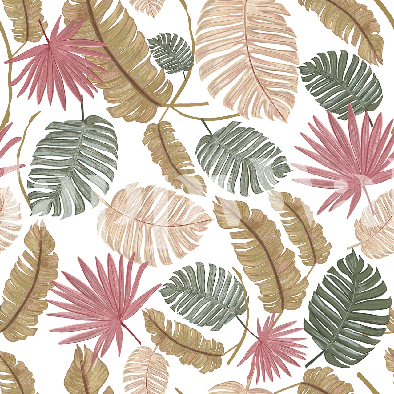 Nature inspired tropical leaves pattern on a white background wall mural