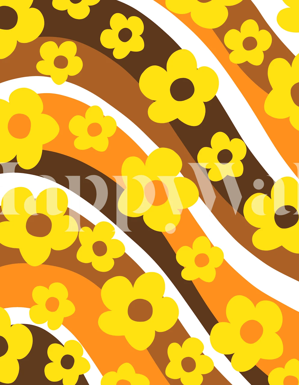 Yellow floral patterns with brown waves wallpaper