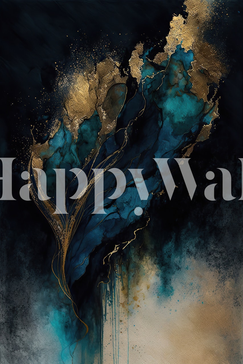 Mural de pared en cascada de pintura líquida abstracta y cambiante con azules oscuros, detalles dorados y efecto brumoso