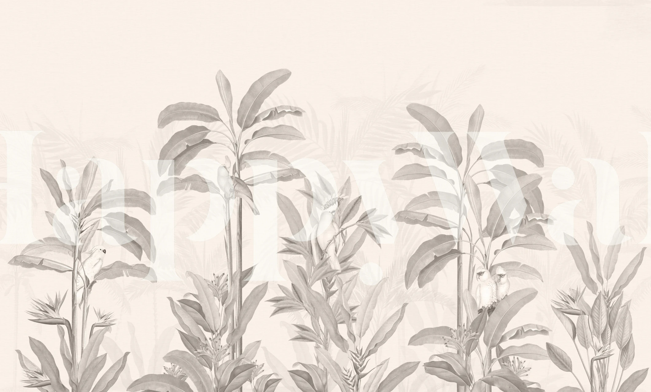 Beige jungle panorama wall mural with subtle foliage design