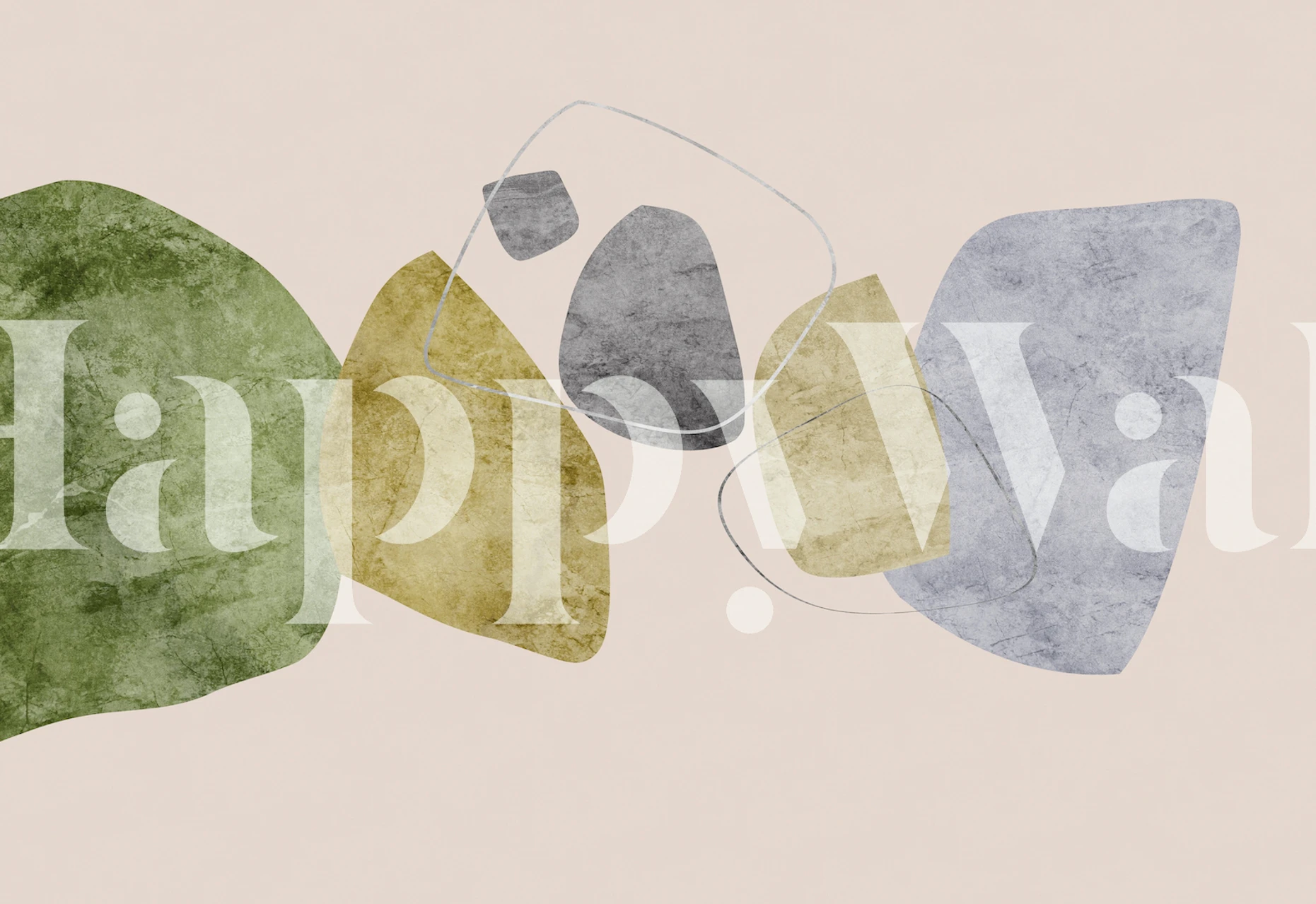 Abstract shapes in muted green, gray, and yellow hues on a soft pink background wallpaper