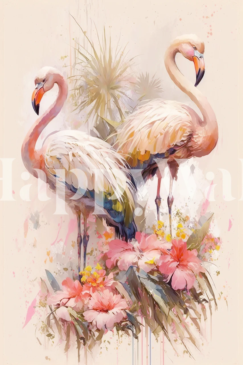 Two flamingos surrounded by floral patterns in pastel colors wallpaper