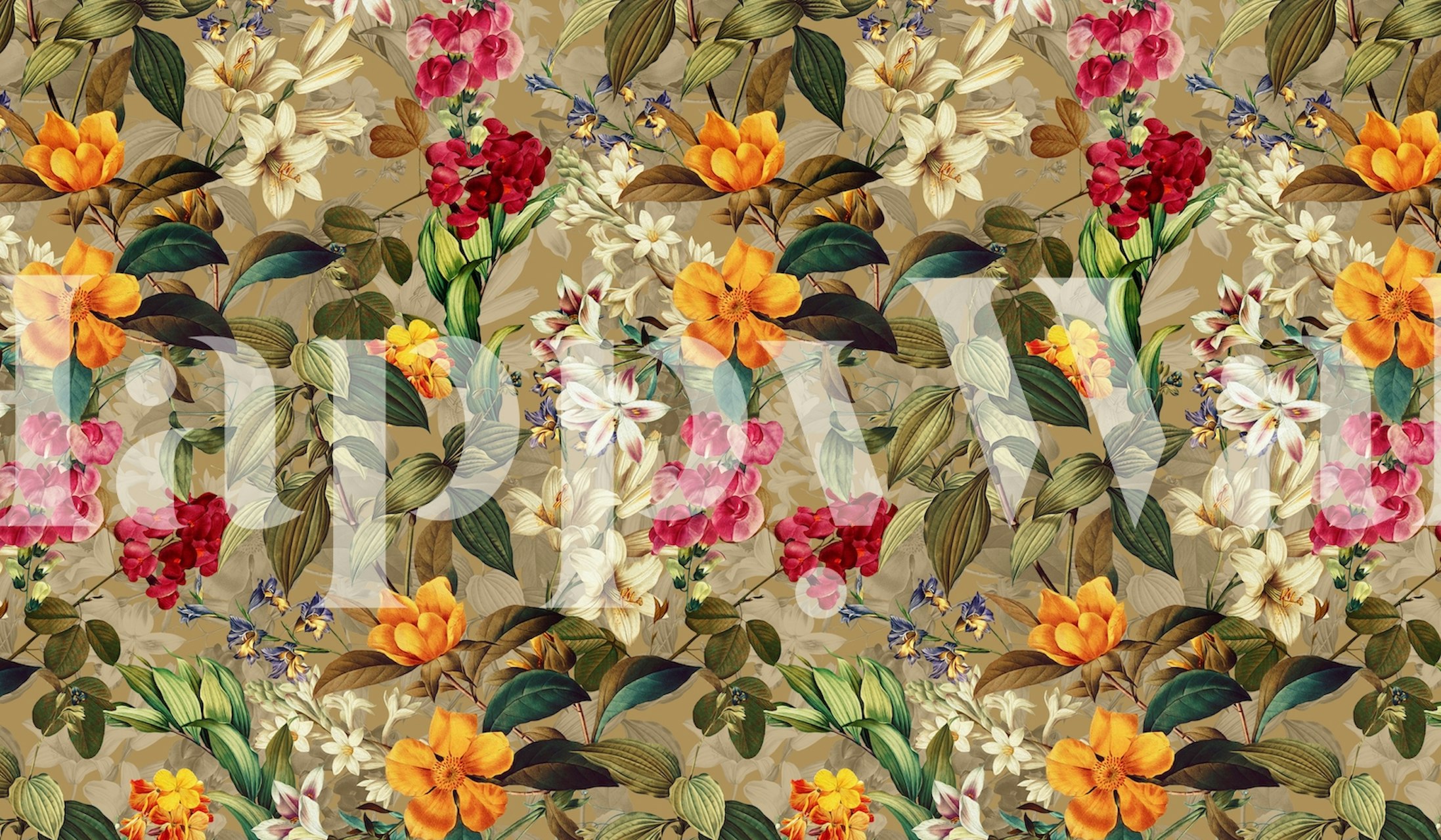 Vibrant floral wallpaper with orange, pink, and white flowers and green leaves on a beige background.