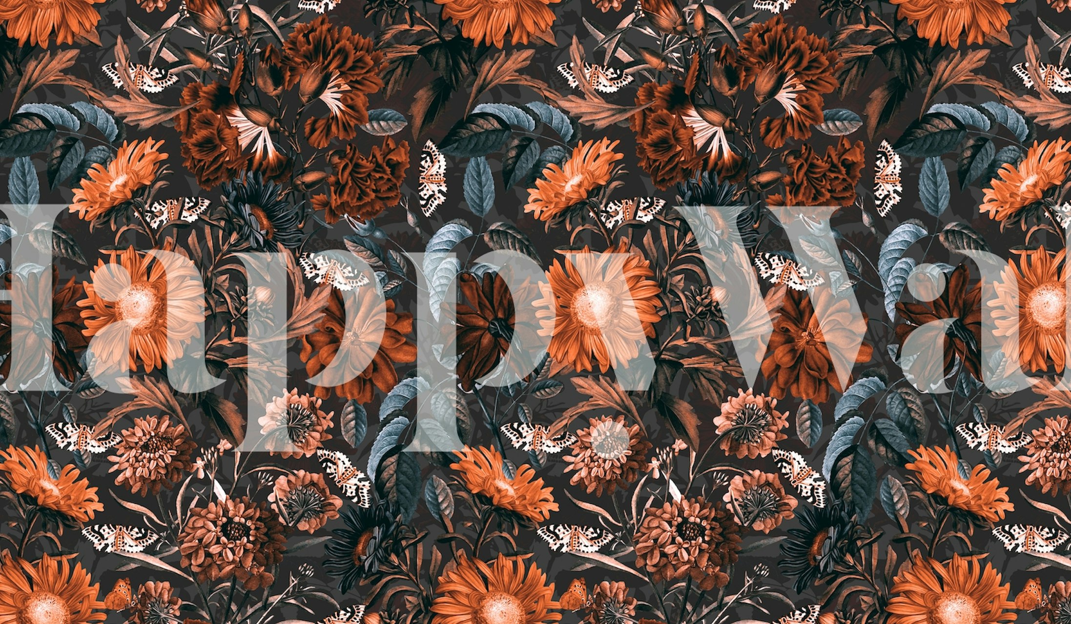 Autumn floral pattern with orange and dark green flowers wallpaper