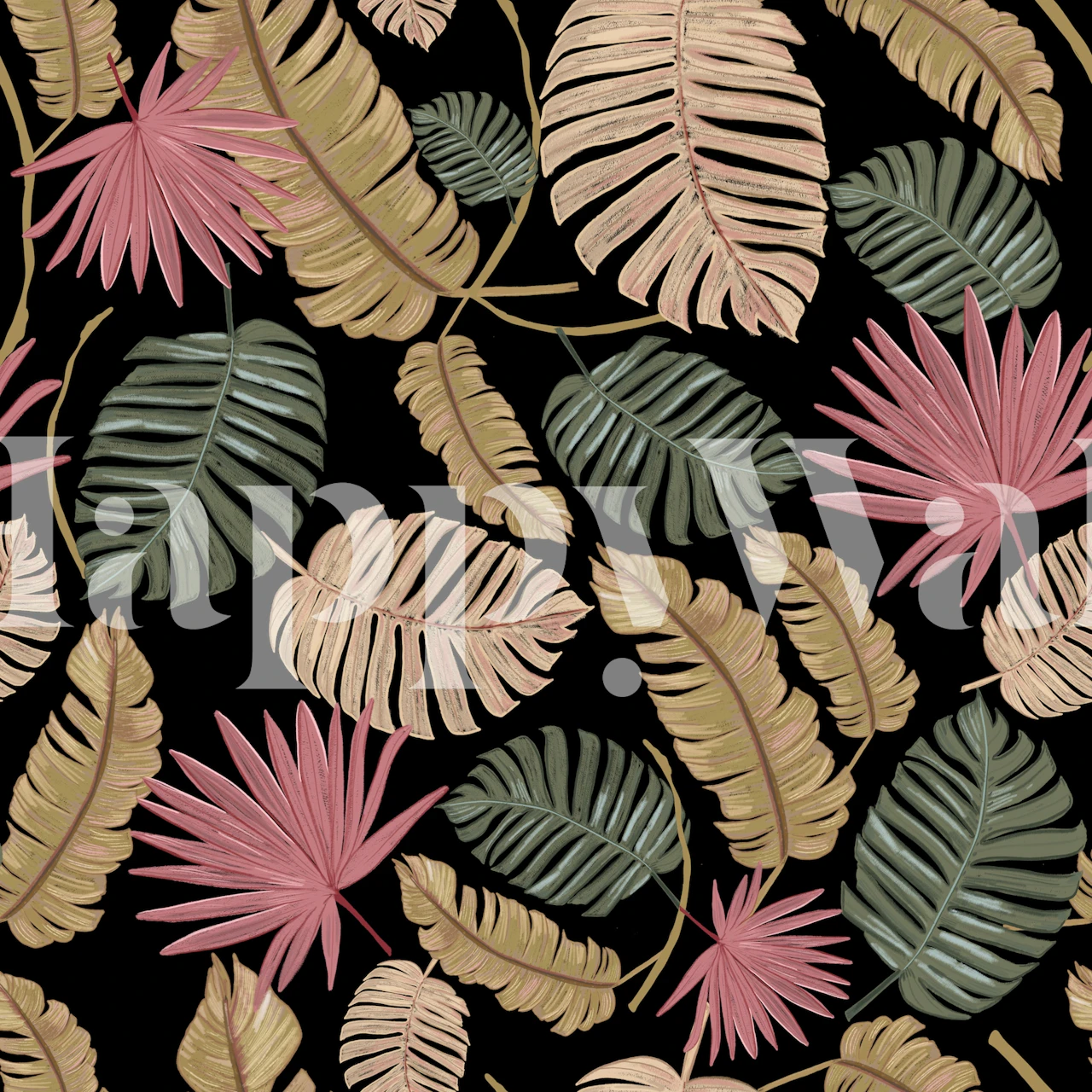 Colorful tropical leaves in pink, green and beige on black wallpaper