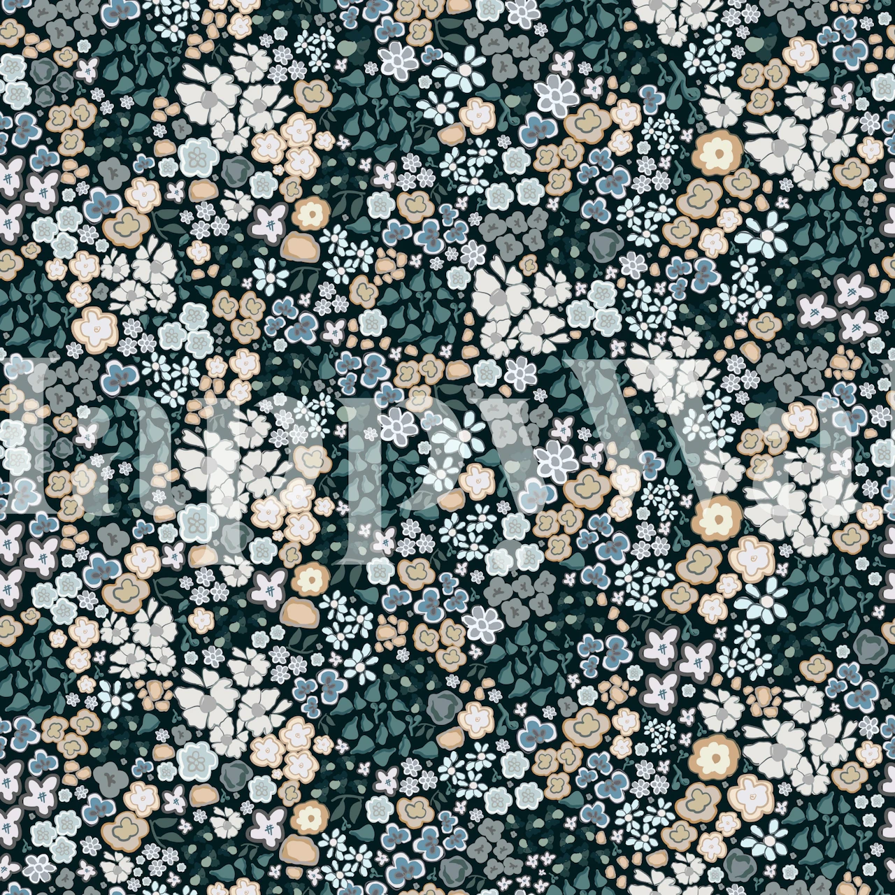 Decorazione murale con piccoli motivi floreali blu e bianchi