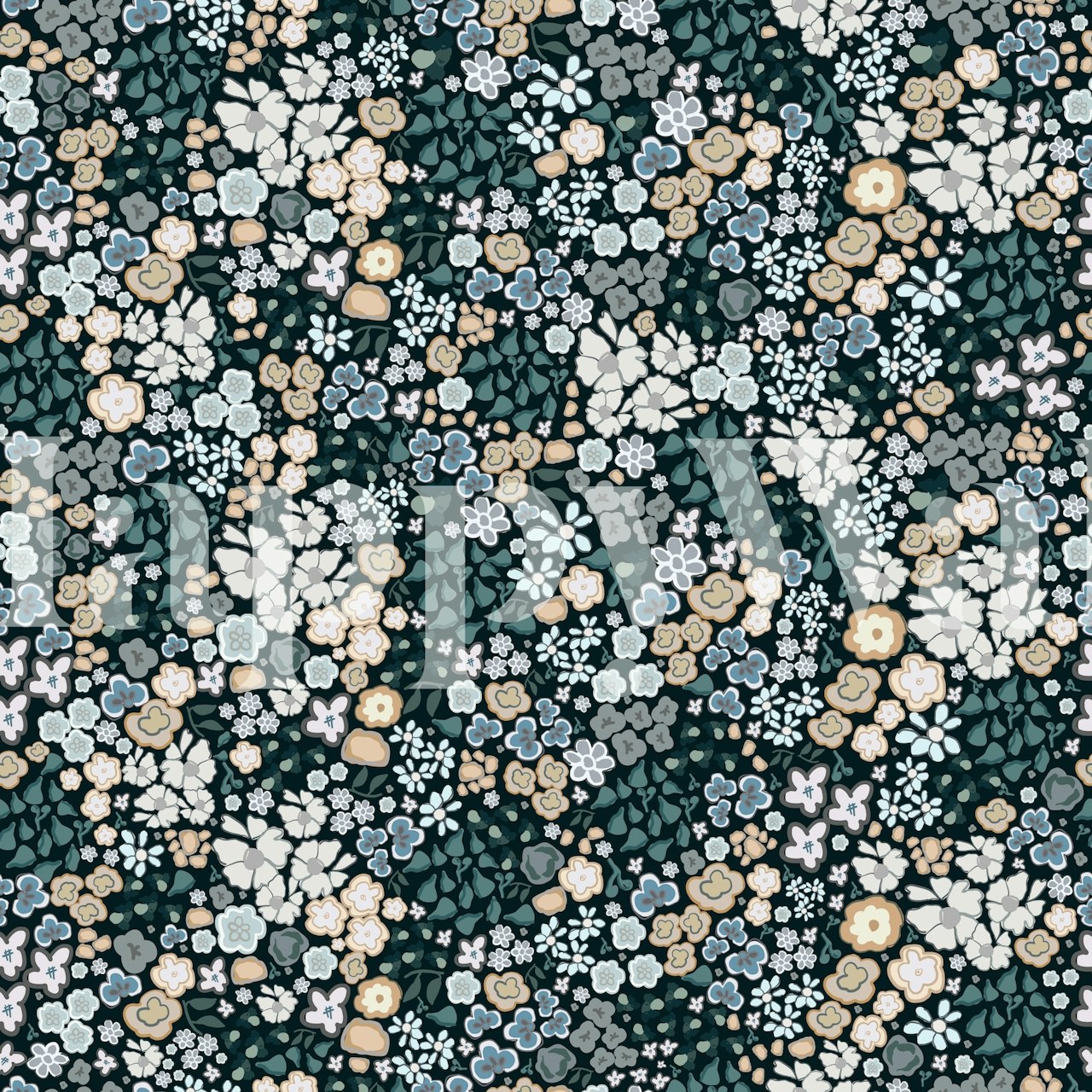 Floral patterns with blue and cream flowers on dark background wallpaper