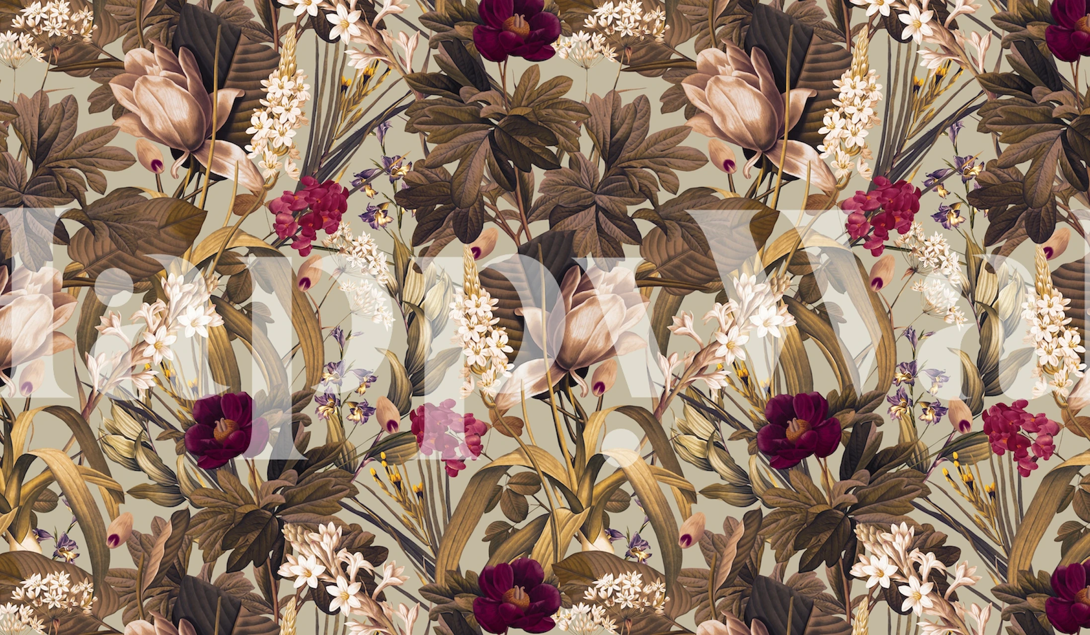 Garden of Eden IV wall mural with florals in burgundy, cream and brown