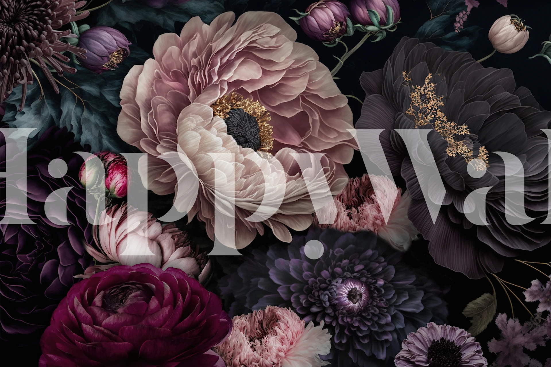 Large, dark floral wallpaper featuring moody flowers in purple and pink