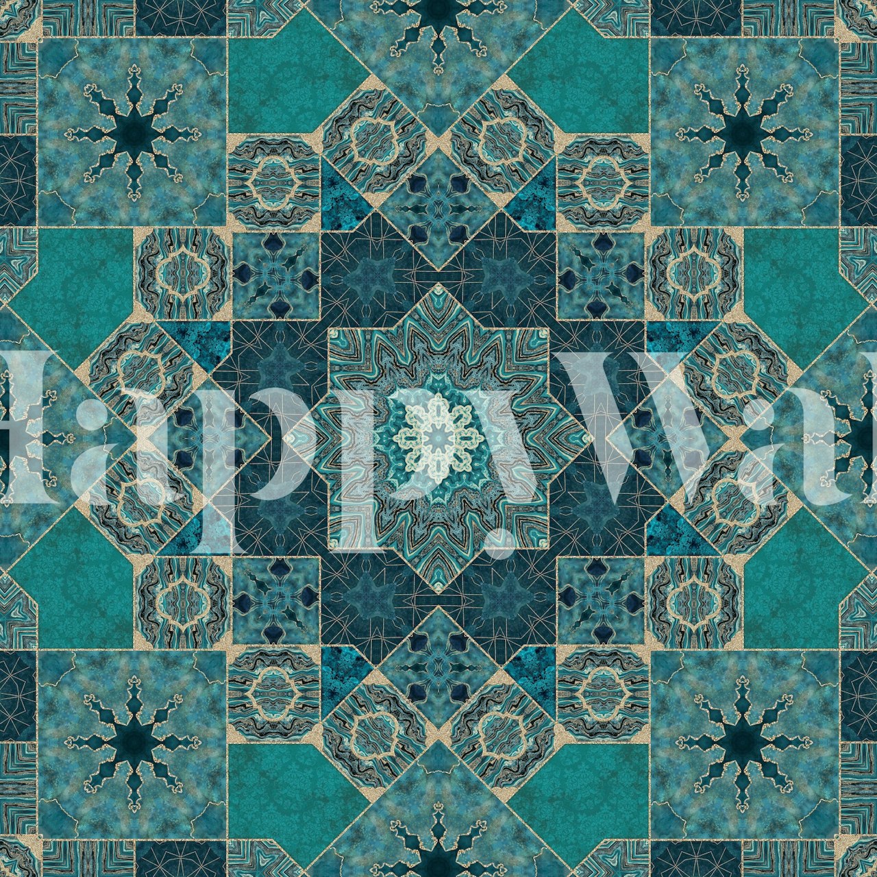 Artisanal Tiles Teal Gold wall mural with geometric pattern