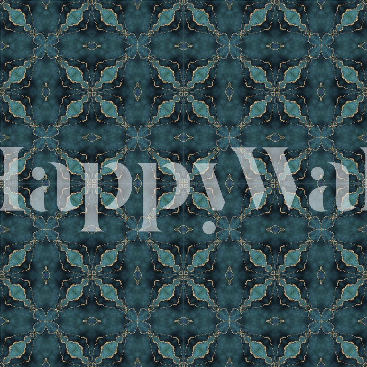 Turquoise gold marble tiles wallpaper displayed in a room