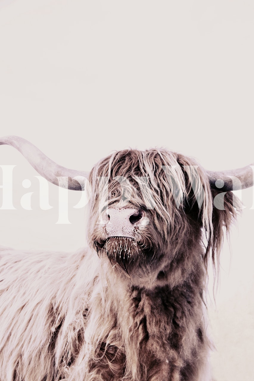 Highland cow with long hair in pale background wallpaper