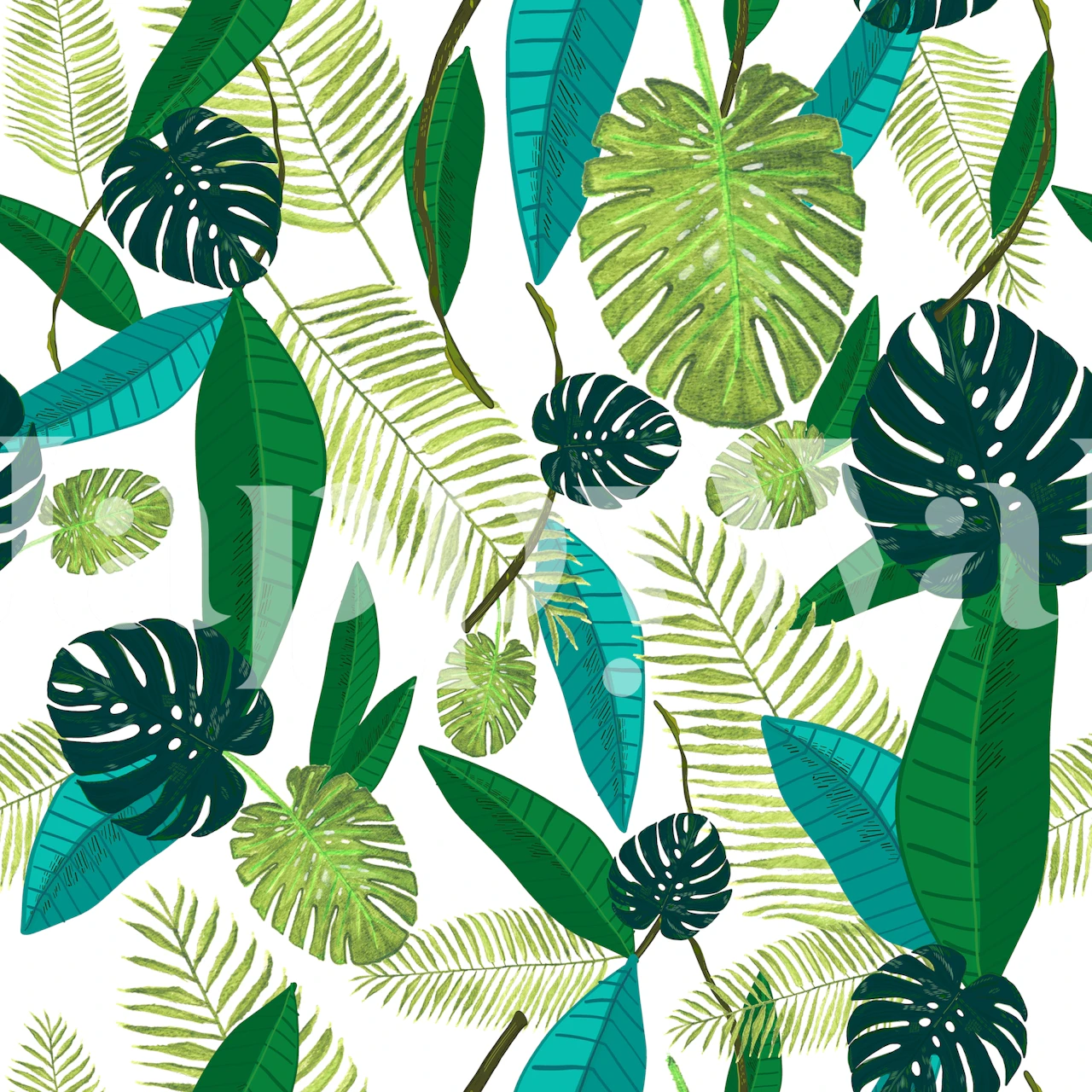 Tropical green leaves with various shapes and shades wallpaper