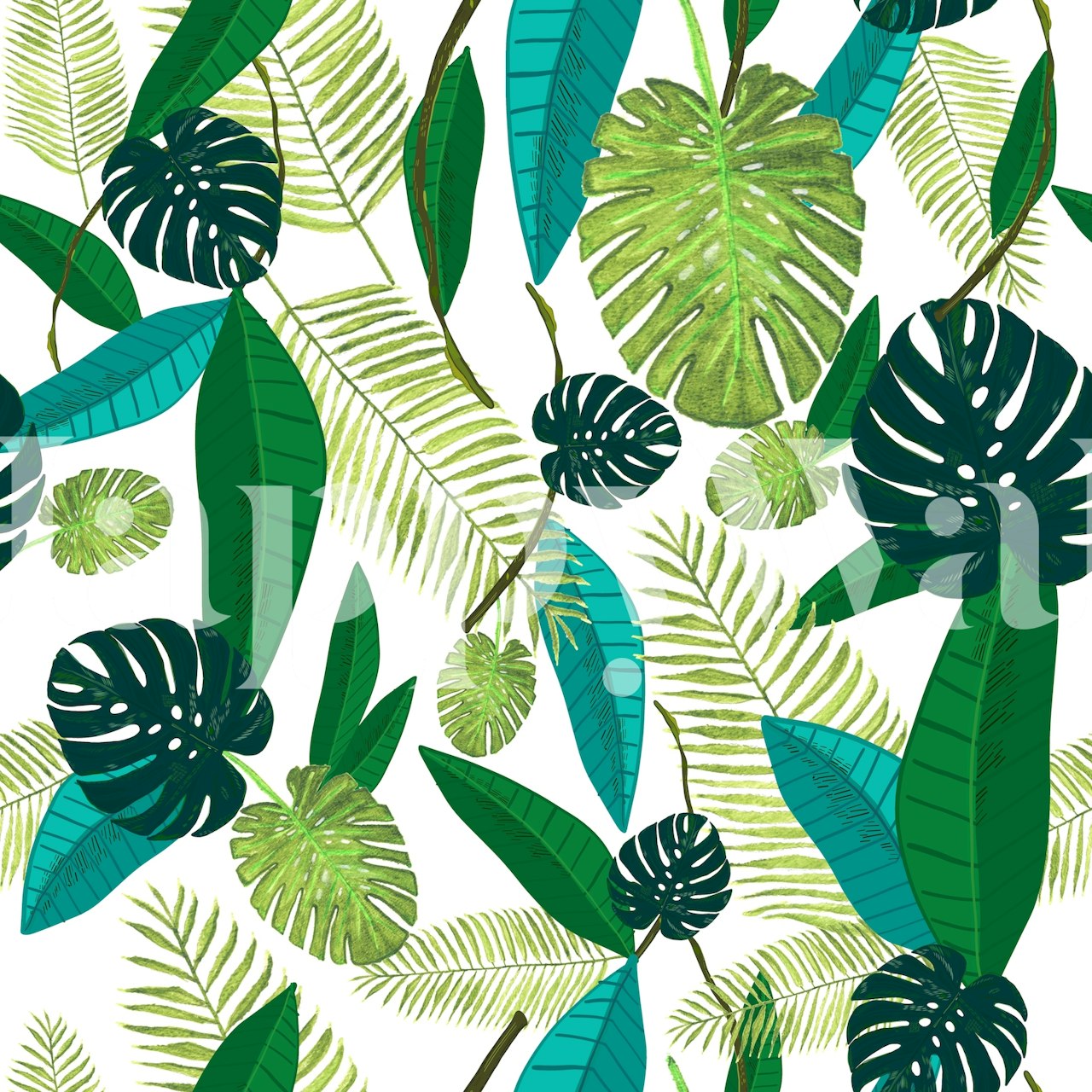 Tropical green leaves pattern ταπετσαρία σε ένα δωμάτιο