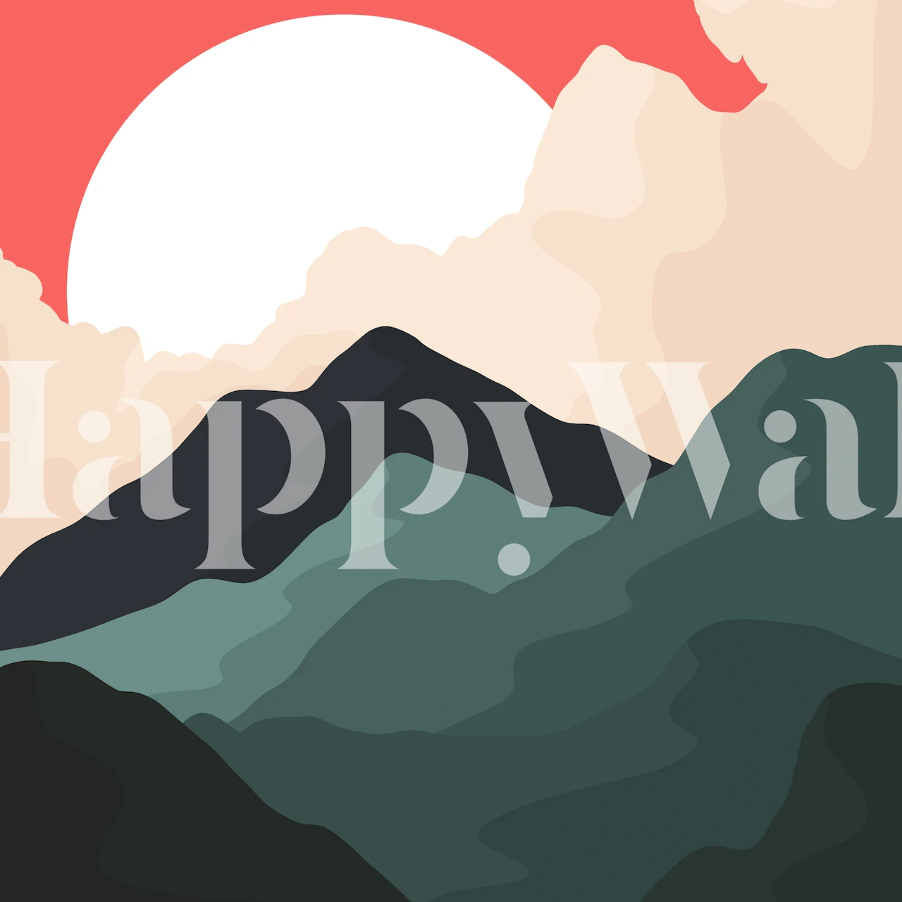 Abstract gebergte fotobehang met donkergroene toppen en een warme zonsonderganghemel