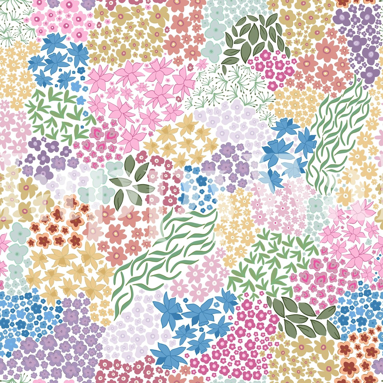 Ditsy colorful flowers wallpaper in a room