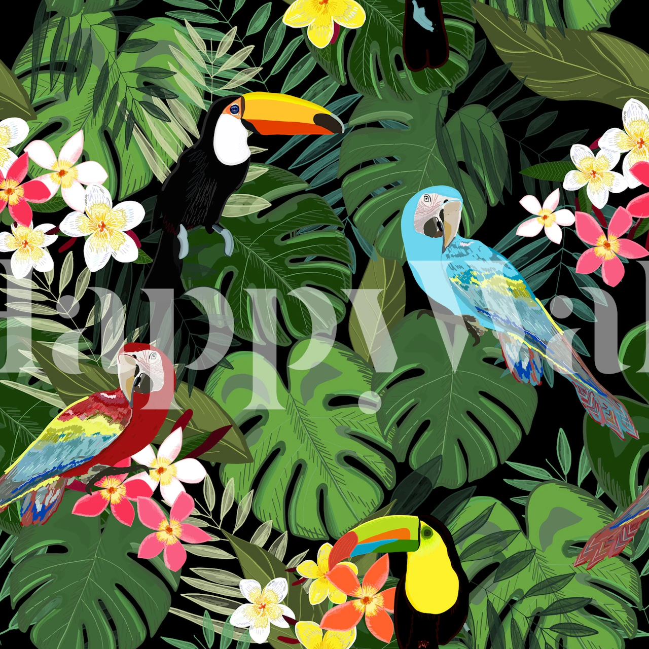Farverige tropiske fugle blandt grønt løv og blomster vægmaleri