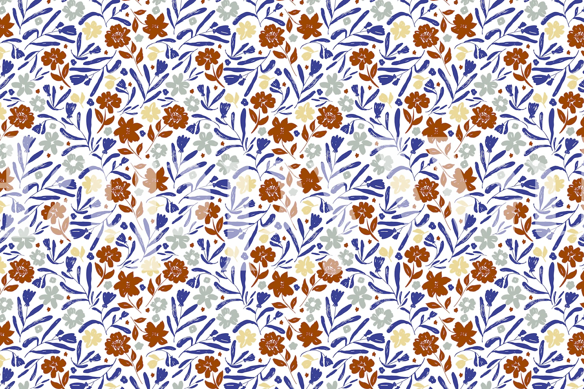 Colorful floral pattern with orange, blue, and gray flowers on white background wallpaper