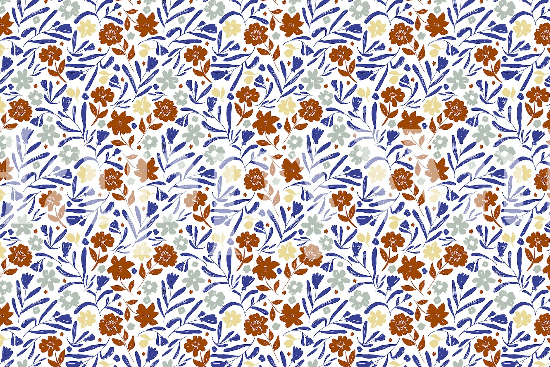 fotomural vinílico de parede estilizado com padrão floral nas cores azul e laranja