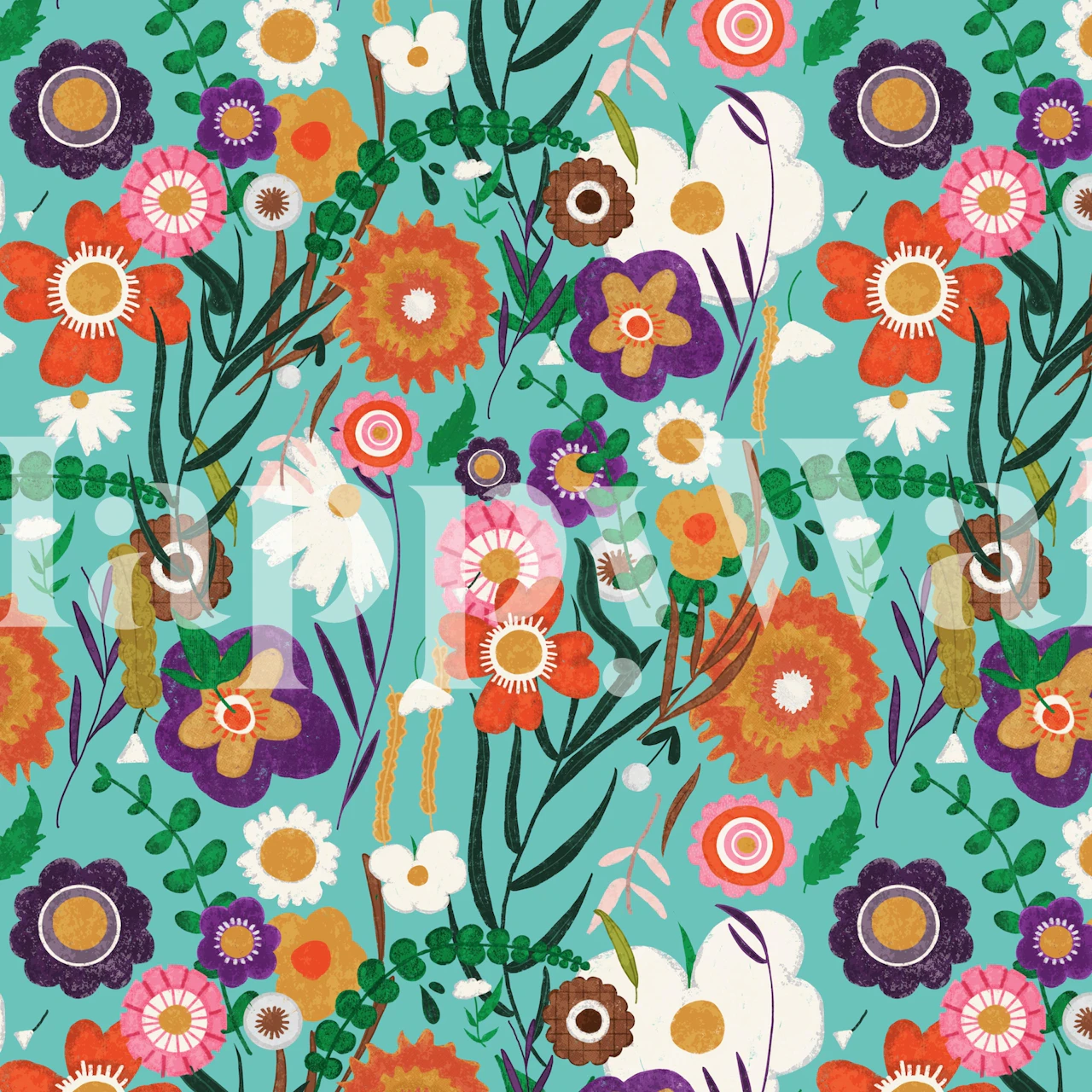 Folk spring floral blue wallpaper design