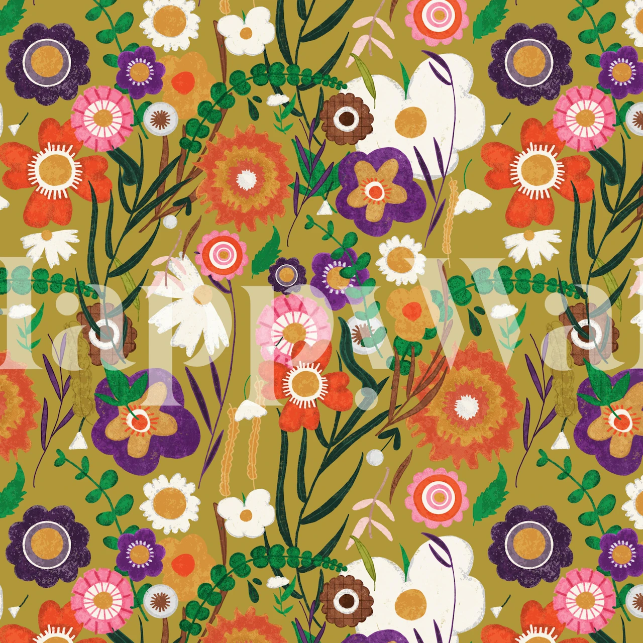 Folk spring floral tapet vist i et rum