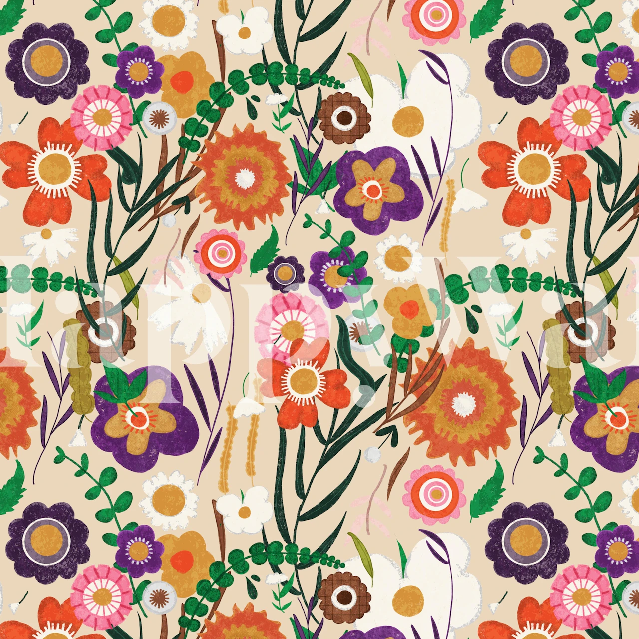 Colorful flowers on a soft beige background floral wallpaper