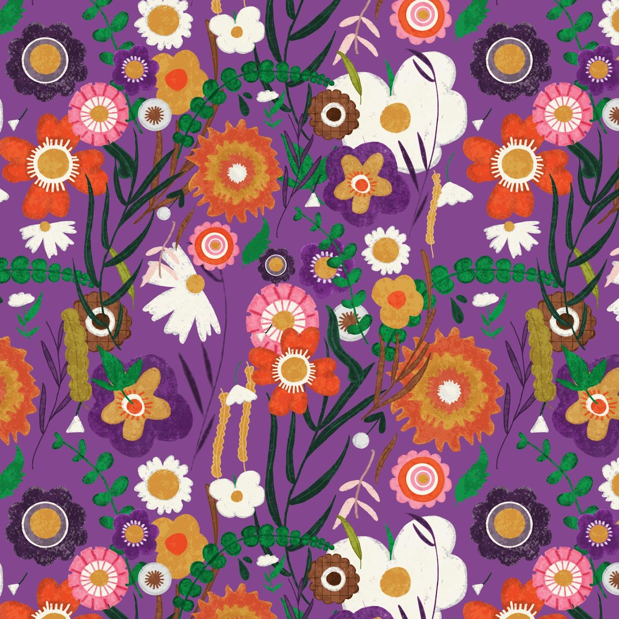 Folk spring floral purple wallpaper - Happywall