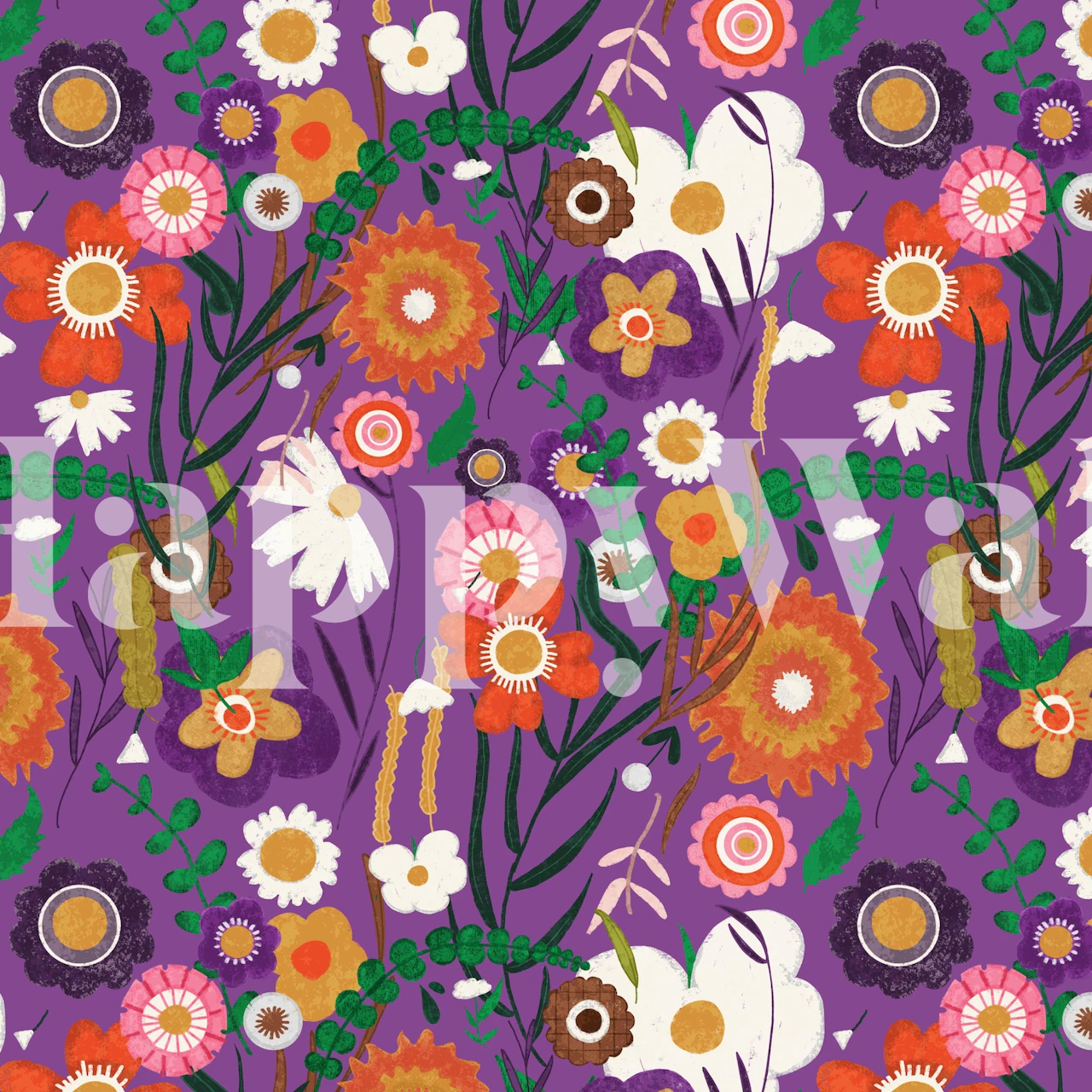 Fototapete „Folk Spring Floral Purple“ mit leuchtenden Blumen und Volkskunstmustern auf violettem Hintergrund.