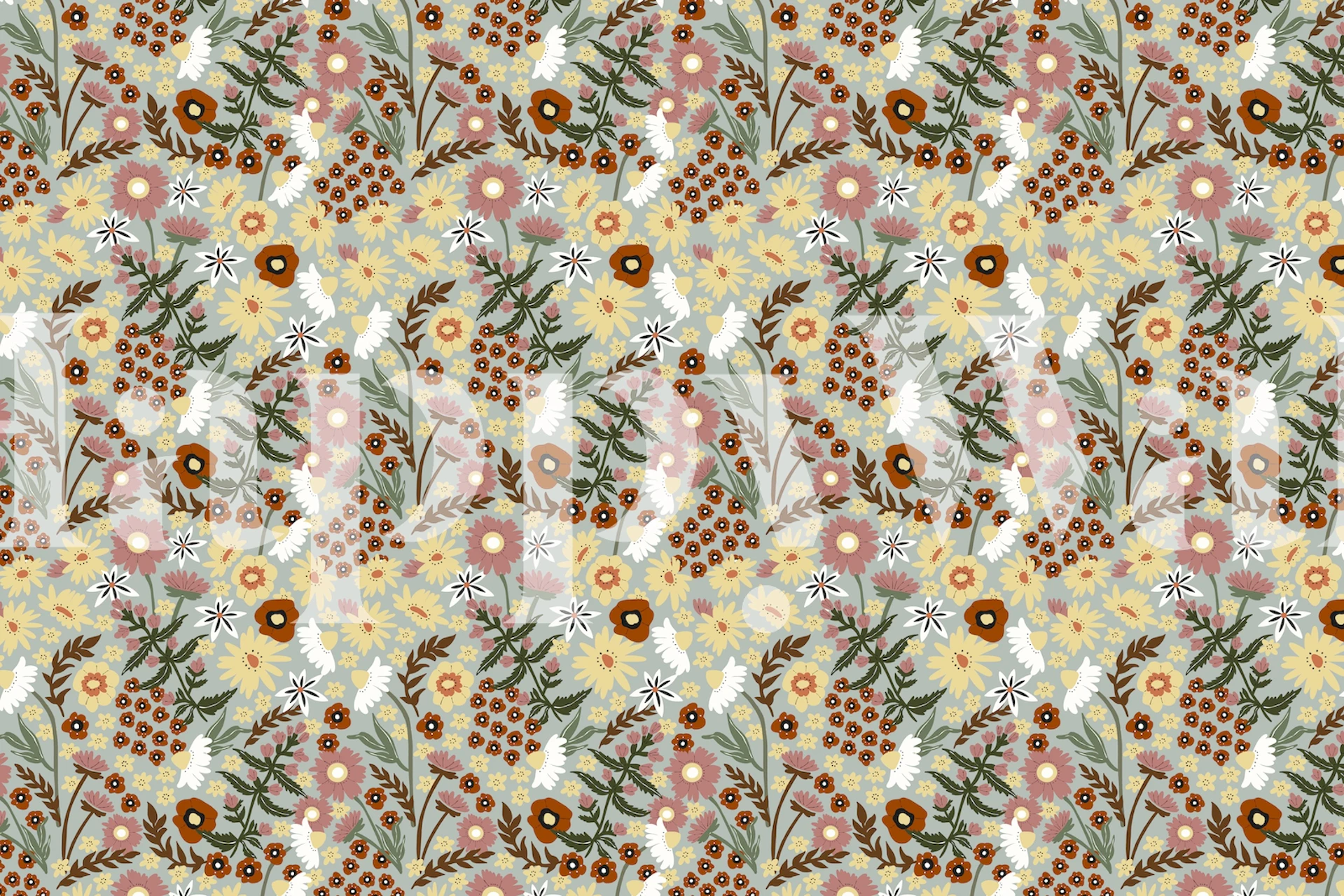 Colorful floral pattern with green stems and pastel flowers wallpaper