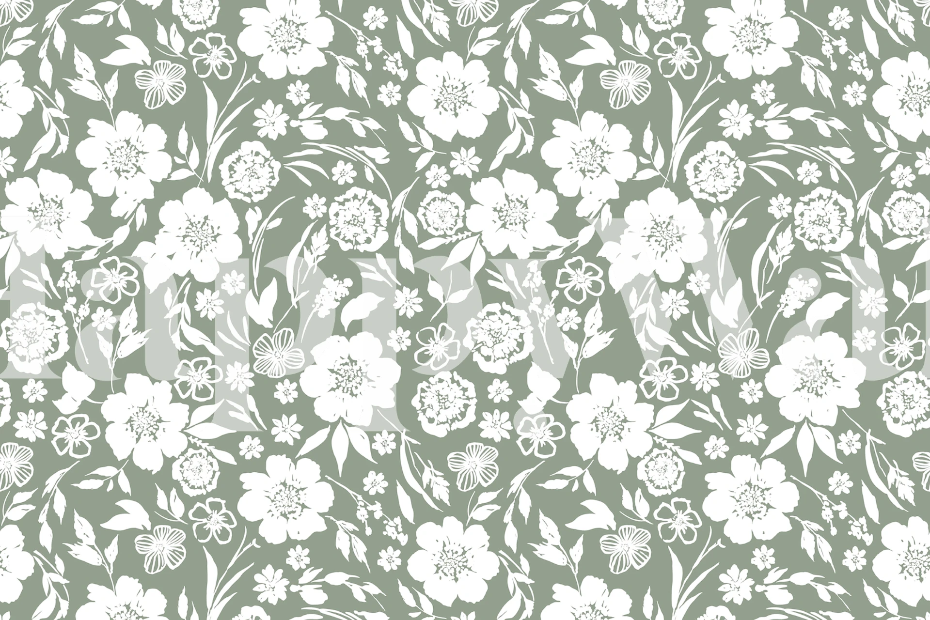 White floral patterns on green background wallpaper