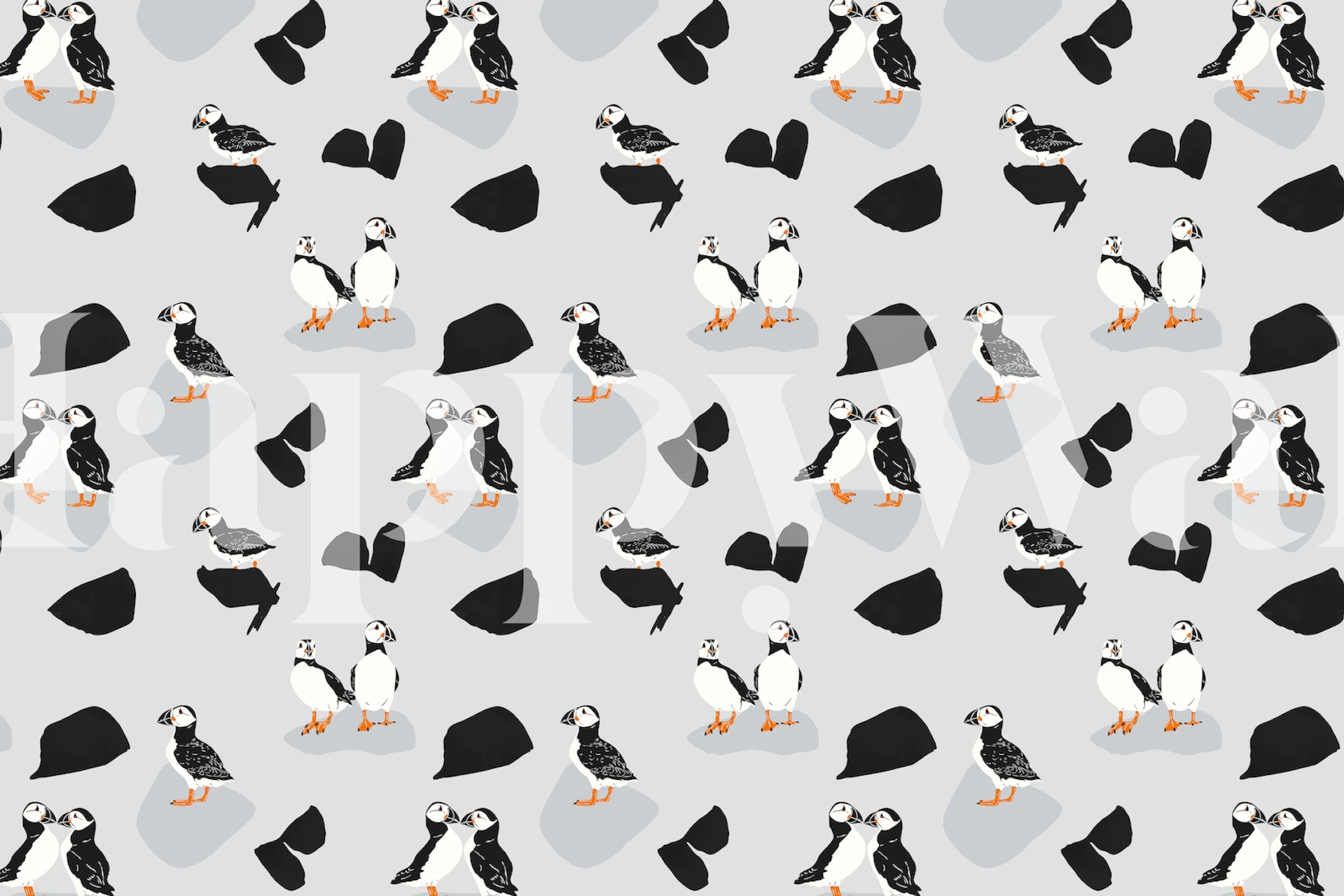 Puffins and rocks in black and white pattern wallpaper