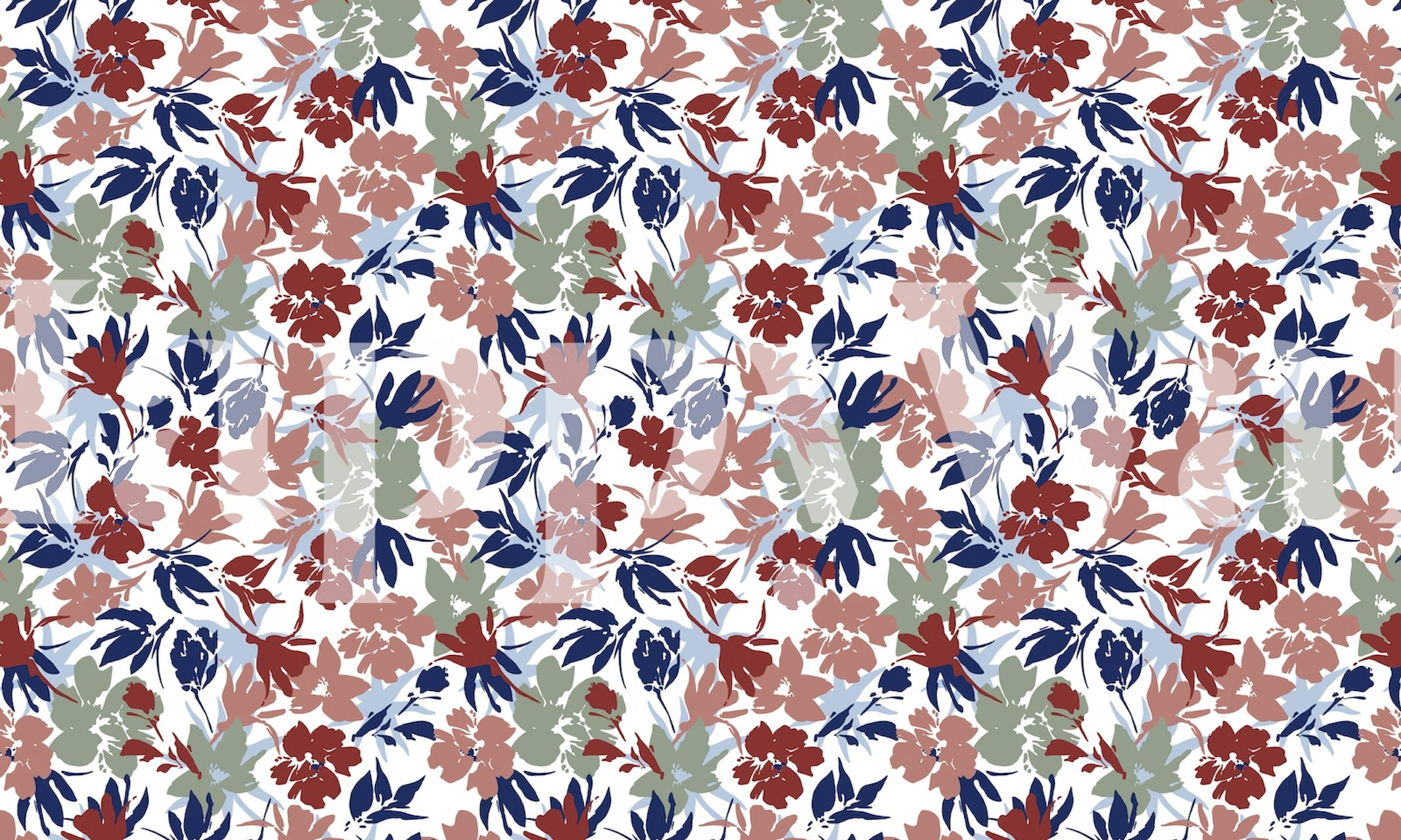 Colorful floral design in red, blue, green on white wallpaper