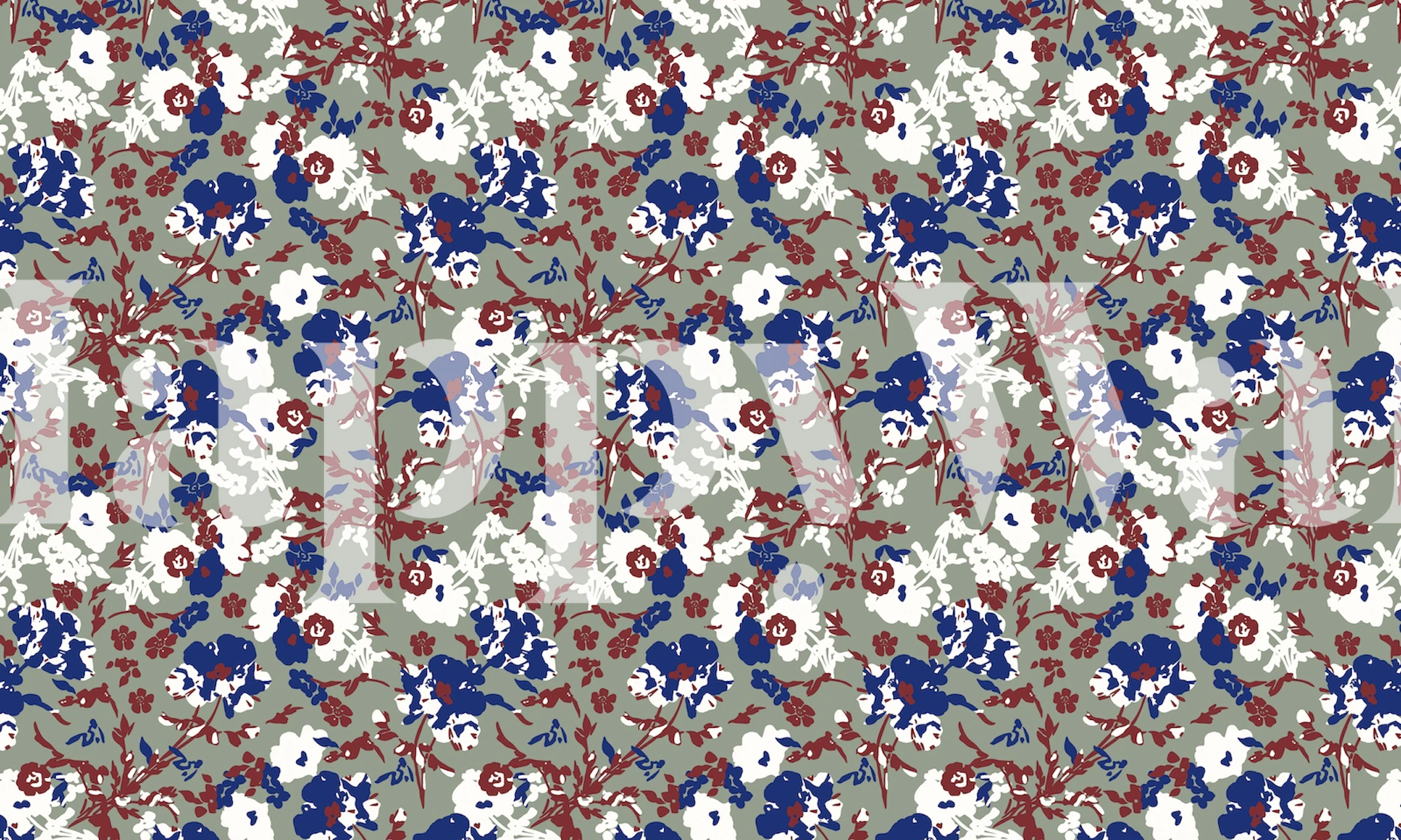 Blomstrete tapet med blå, hvite og røde blomster