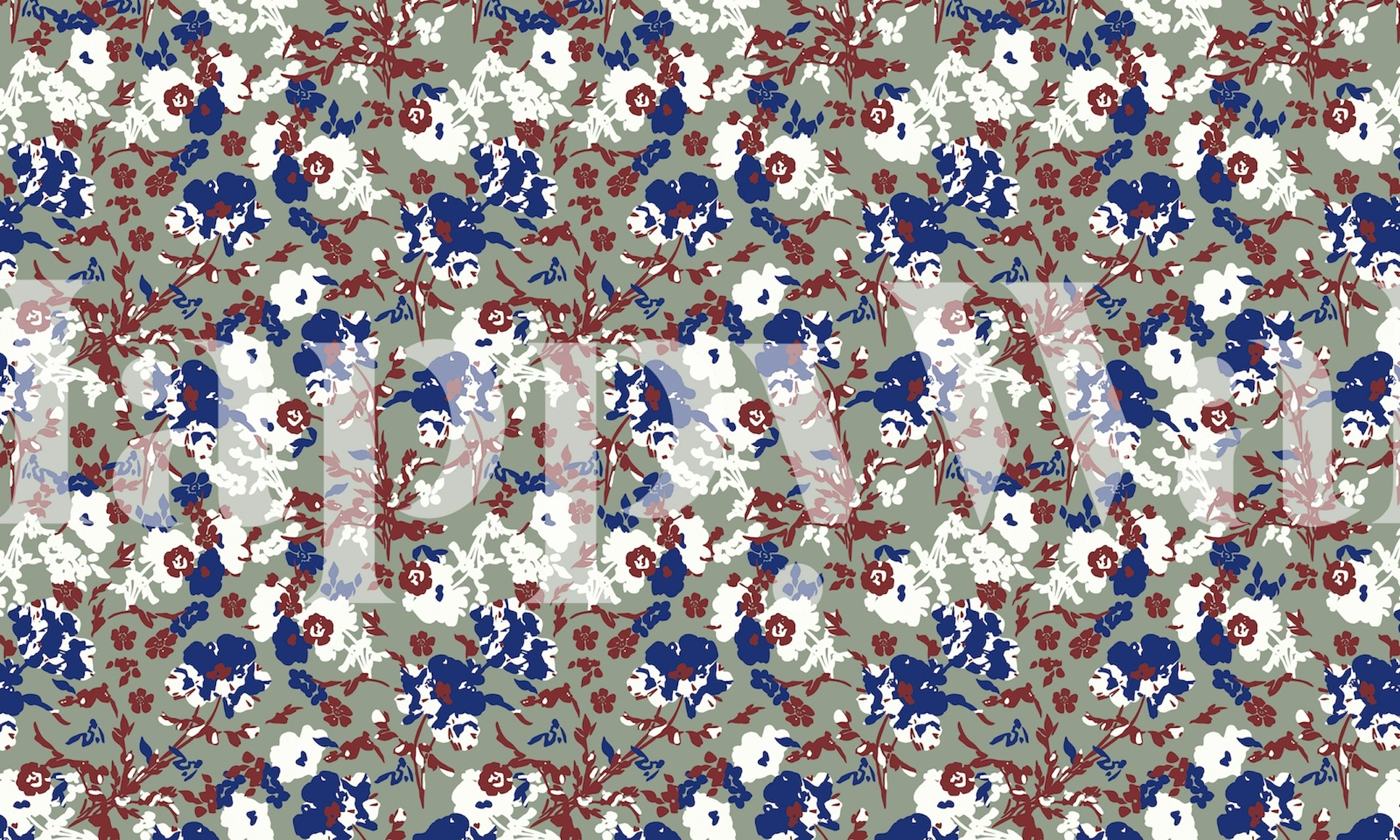 Floral pattern featuring blue, red, and white flowers on green wallpaper