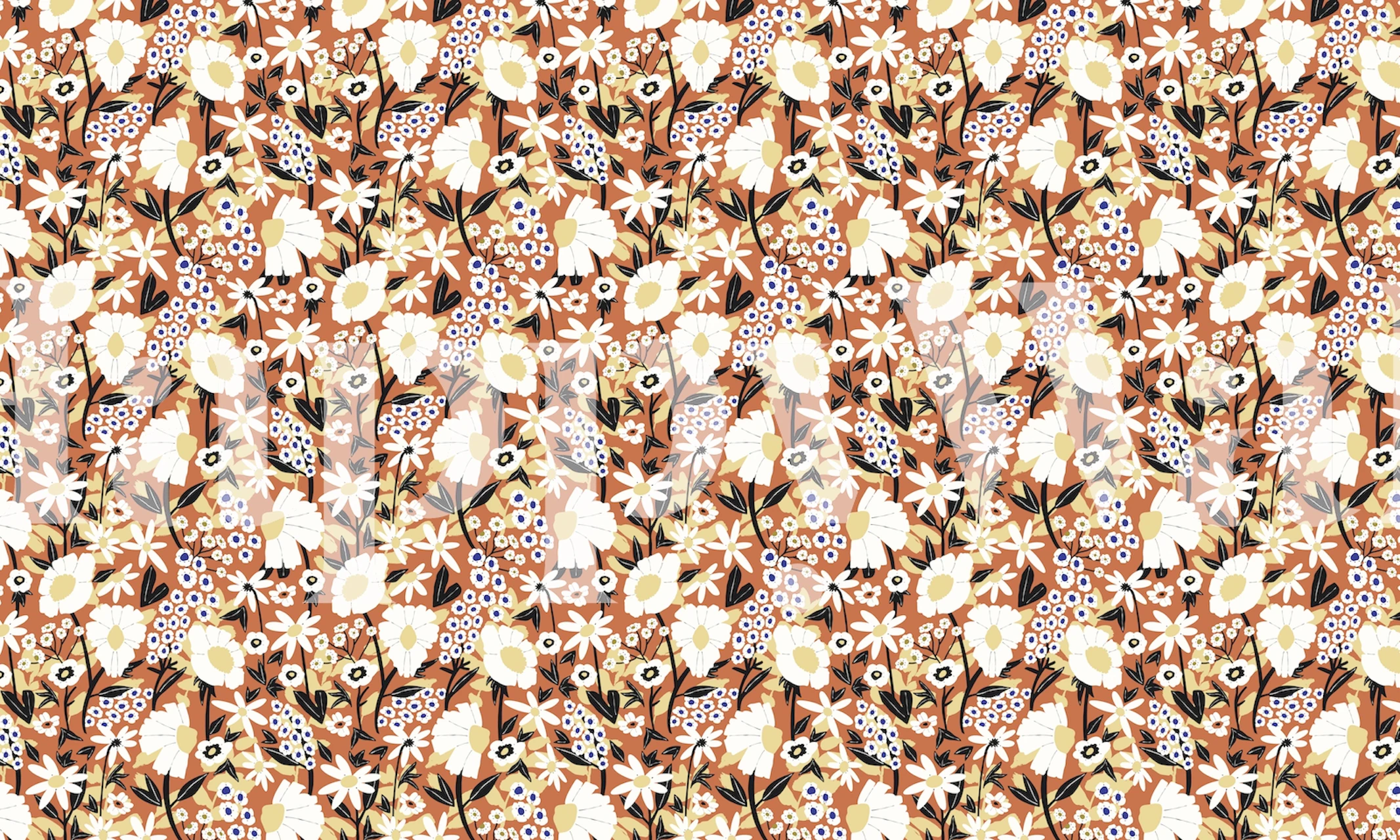 Colorful floral pattern in earth tones with white blossoms wallpaper