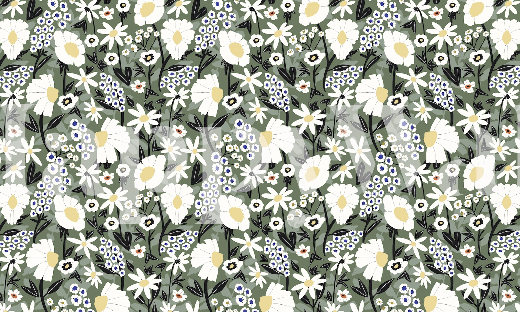 Meadow Forest Blossom fotobehang met witte bloemen en groen bladpatroon