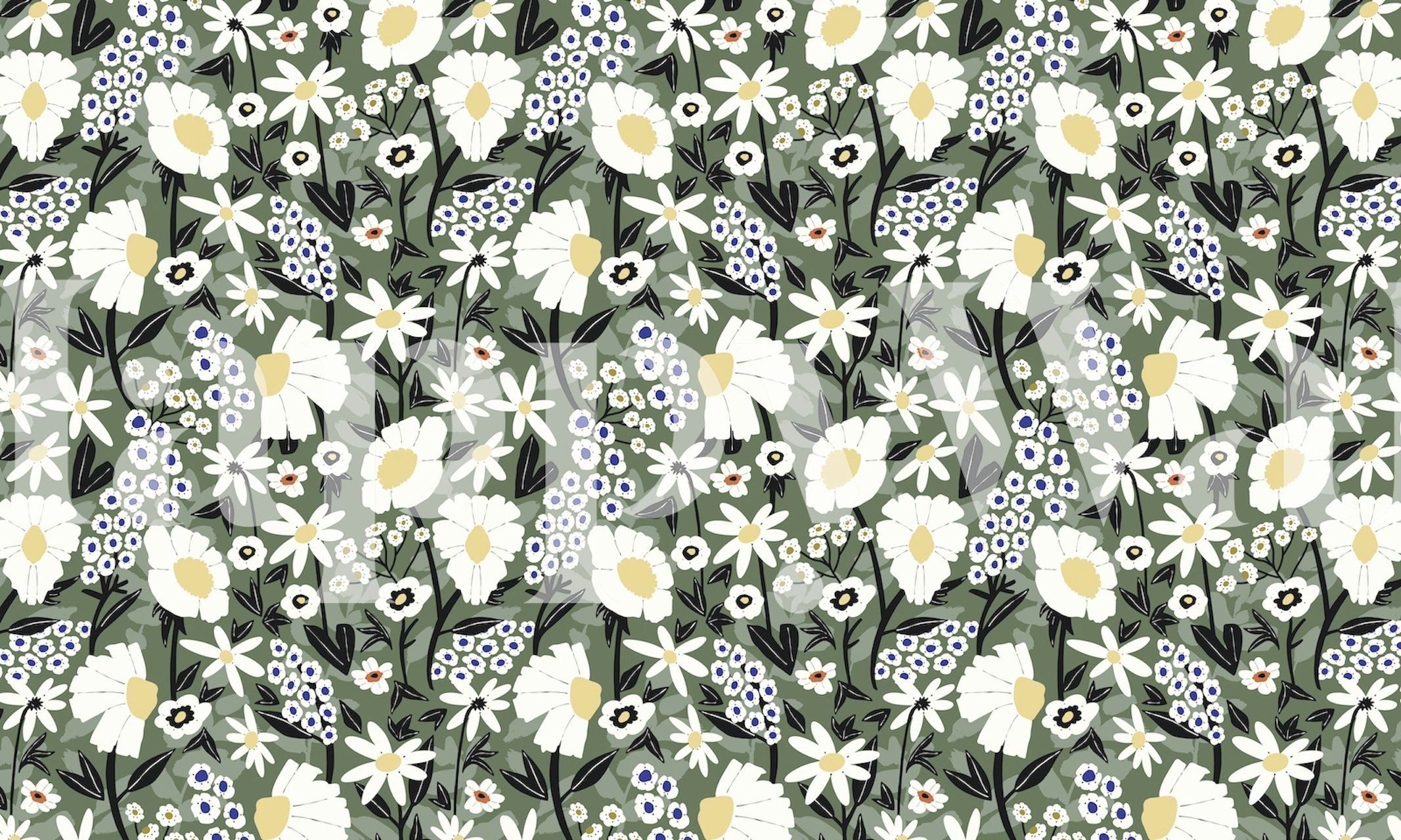 Meadow Forest Blossom wall mural with white flowers and green foliage pattern