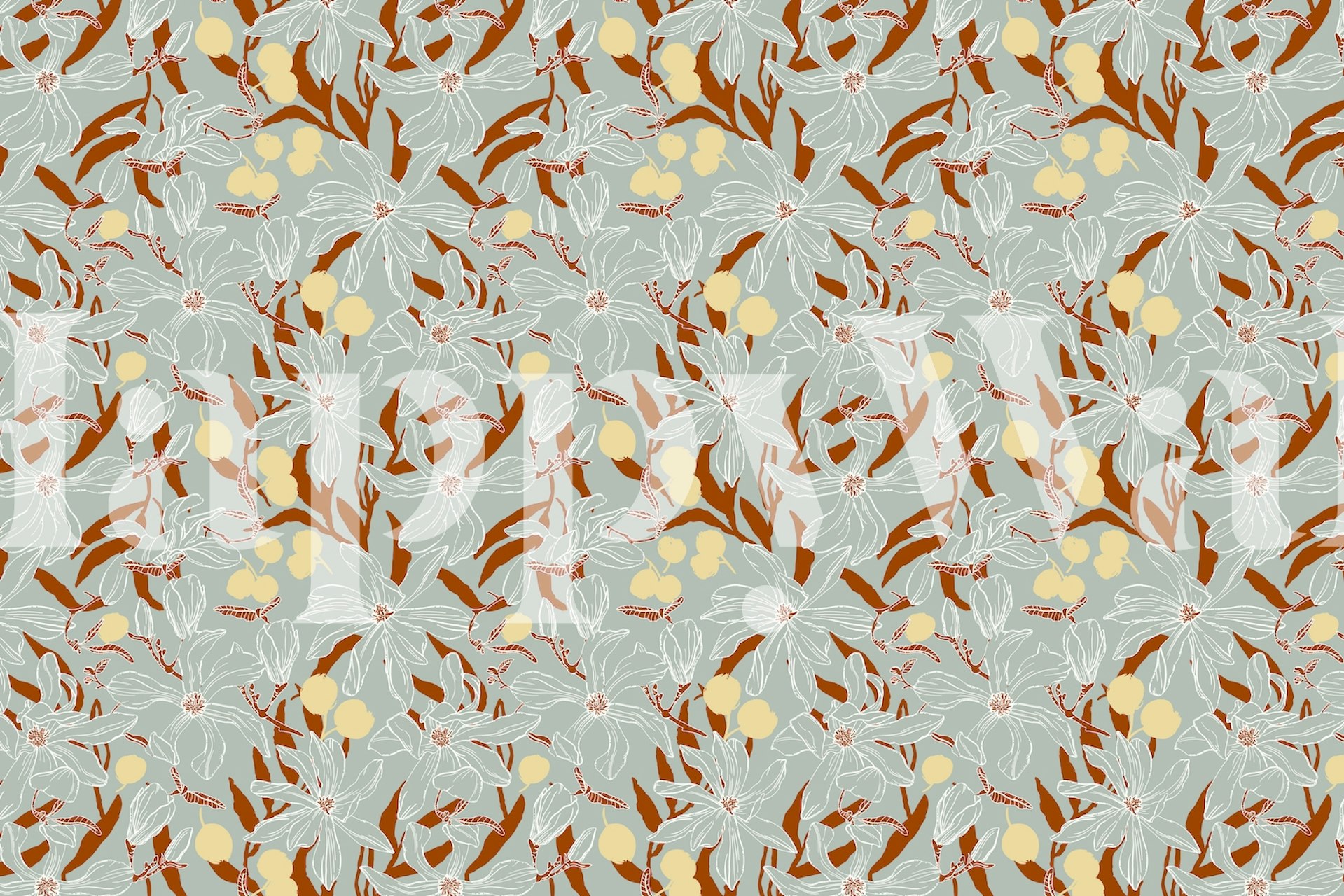 Tropical floral wallpaper with large blooms and soft blue background