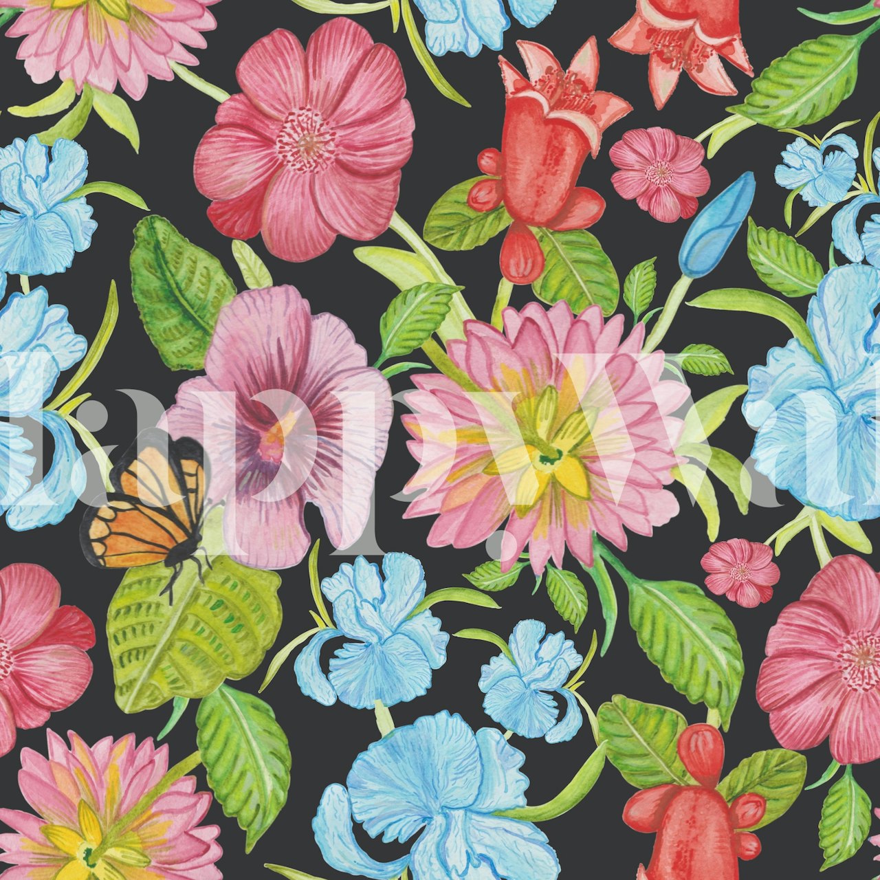 Colorful floral pattern with pink and blue flowers on dark wallpaper