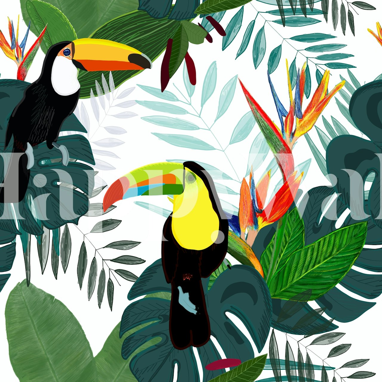 Papel de parede Toucan e bird of paradise em um cômodo