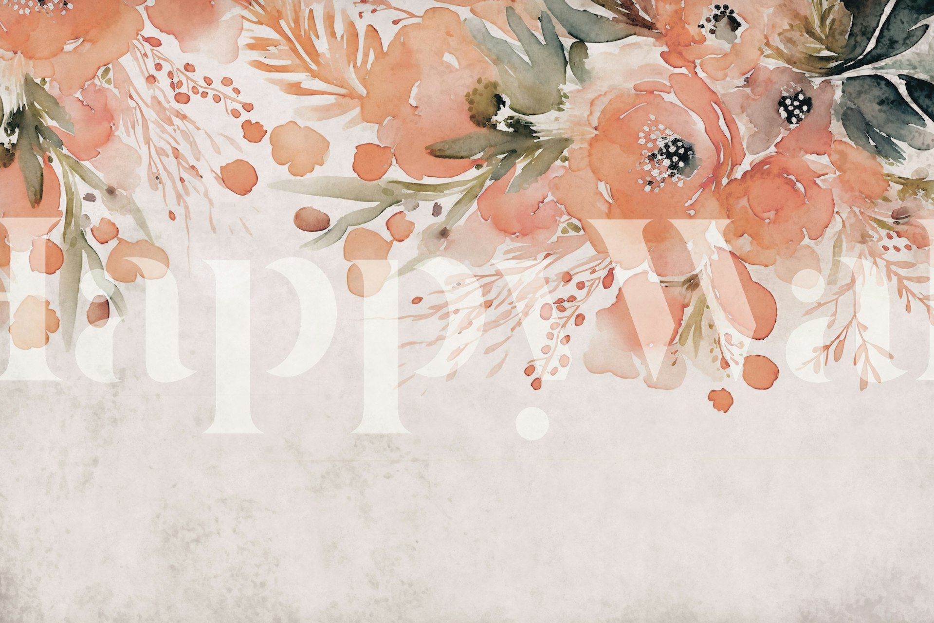 Watercolor floral wallpaper featuring peach flowers and green leaves