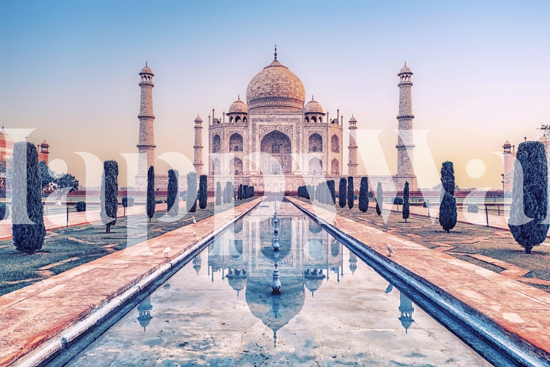 Taj Mahal with reflection in water, green trees, pastel colors wallpaper