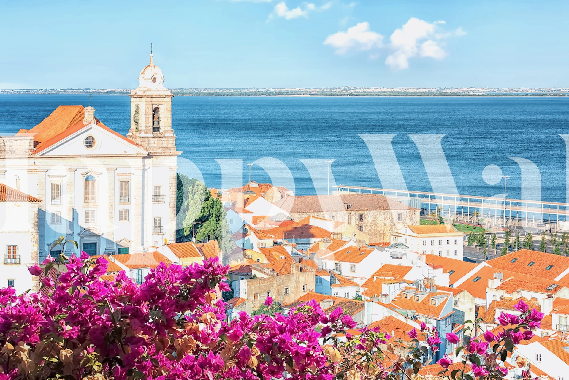 Terracotta roofs with vibrant flowers and blue ocean wallpaper
