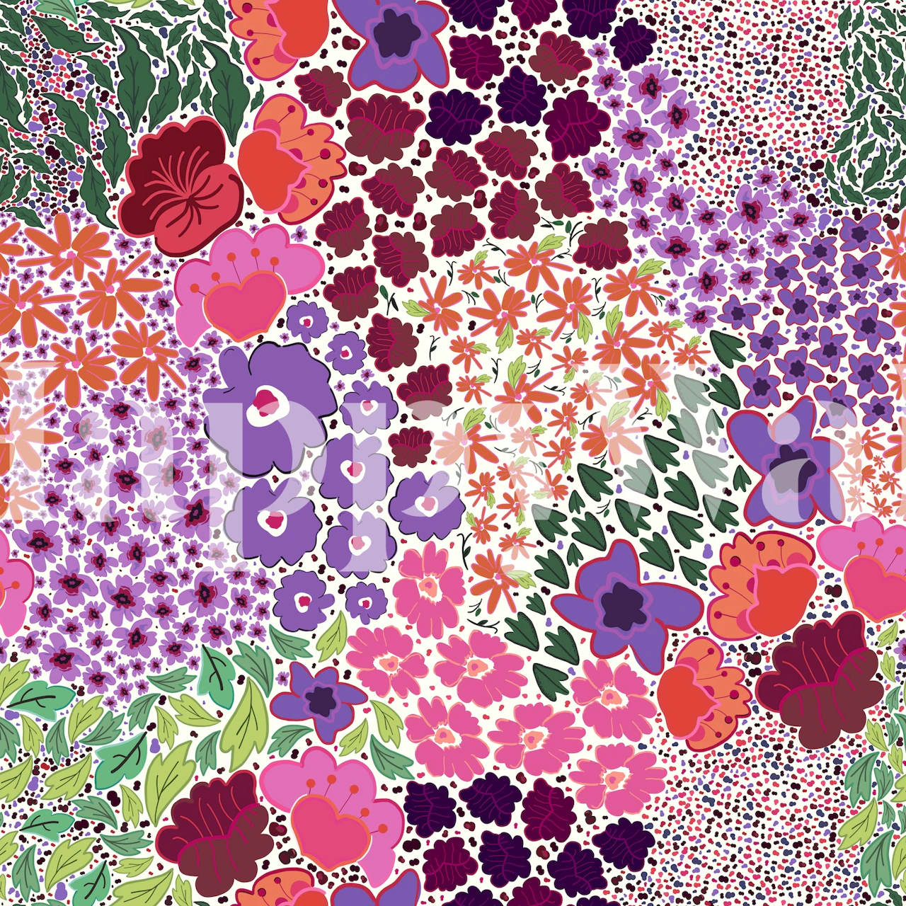 Colorful floral patterns with pink, purple, and green on a white background wallpaper