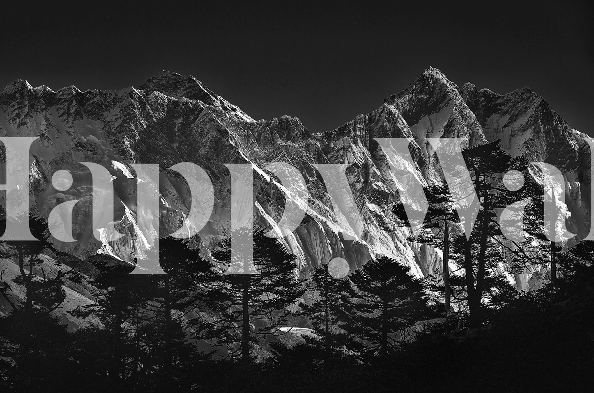 Black and white mountain range with trees wallpaper