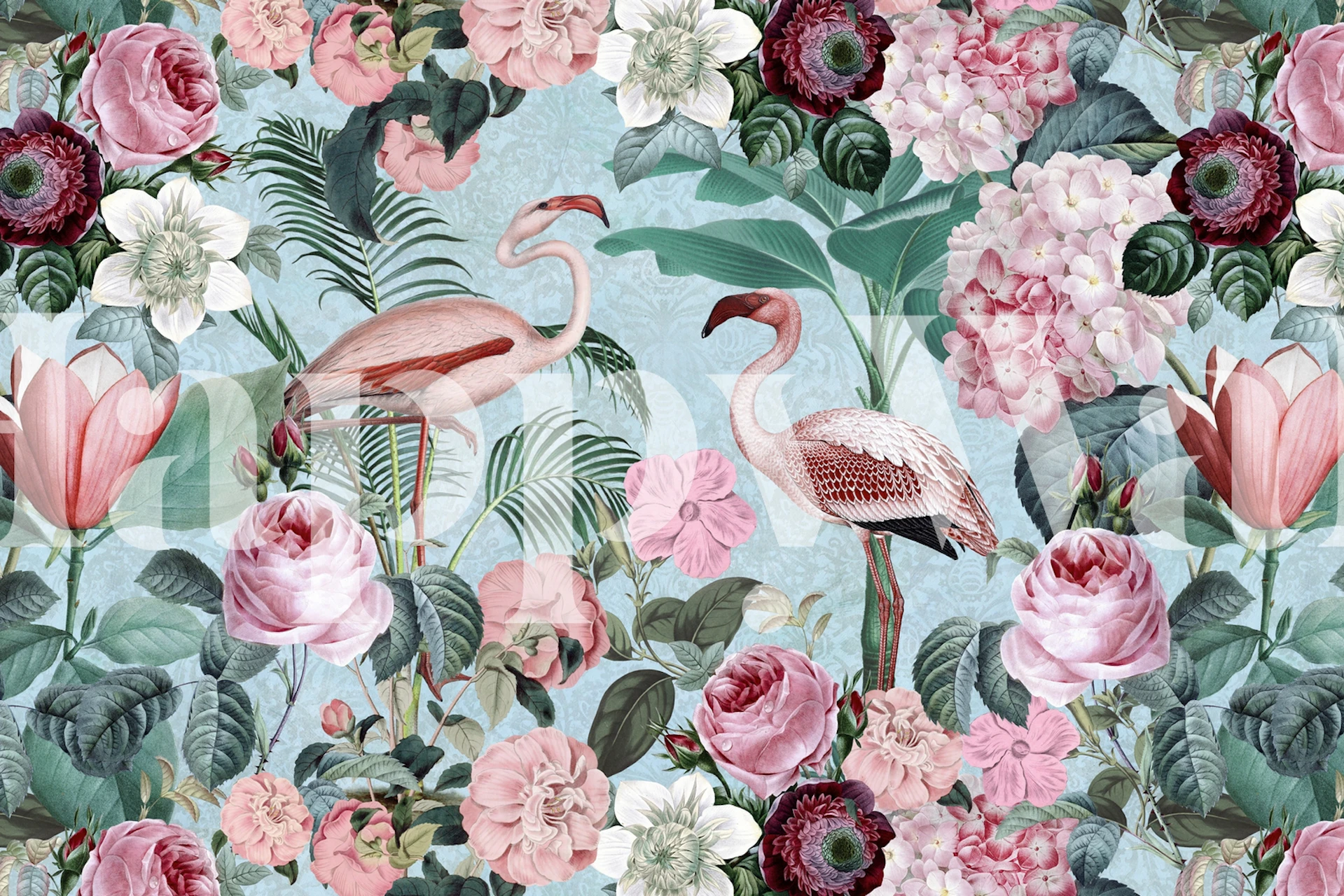 Papier peint Flamingo Paradise avec des flamants roses et des fleurs colorées