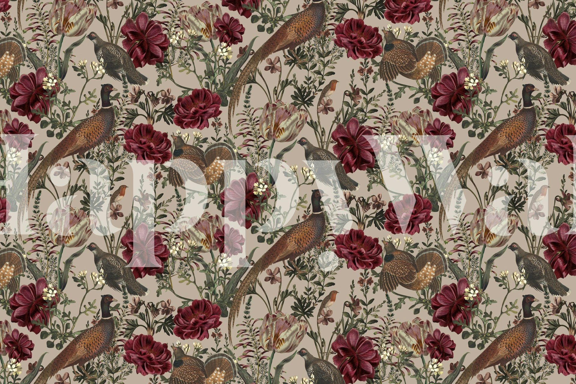 Colorful birds and burgundy flowers on beige background wallpaper