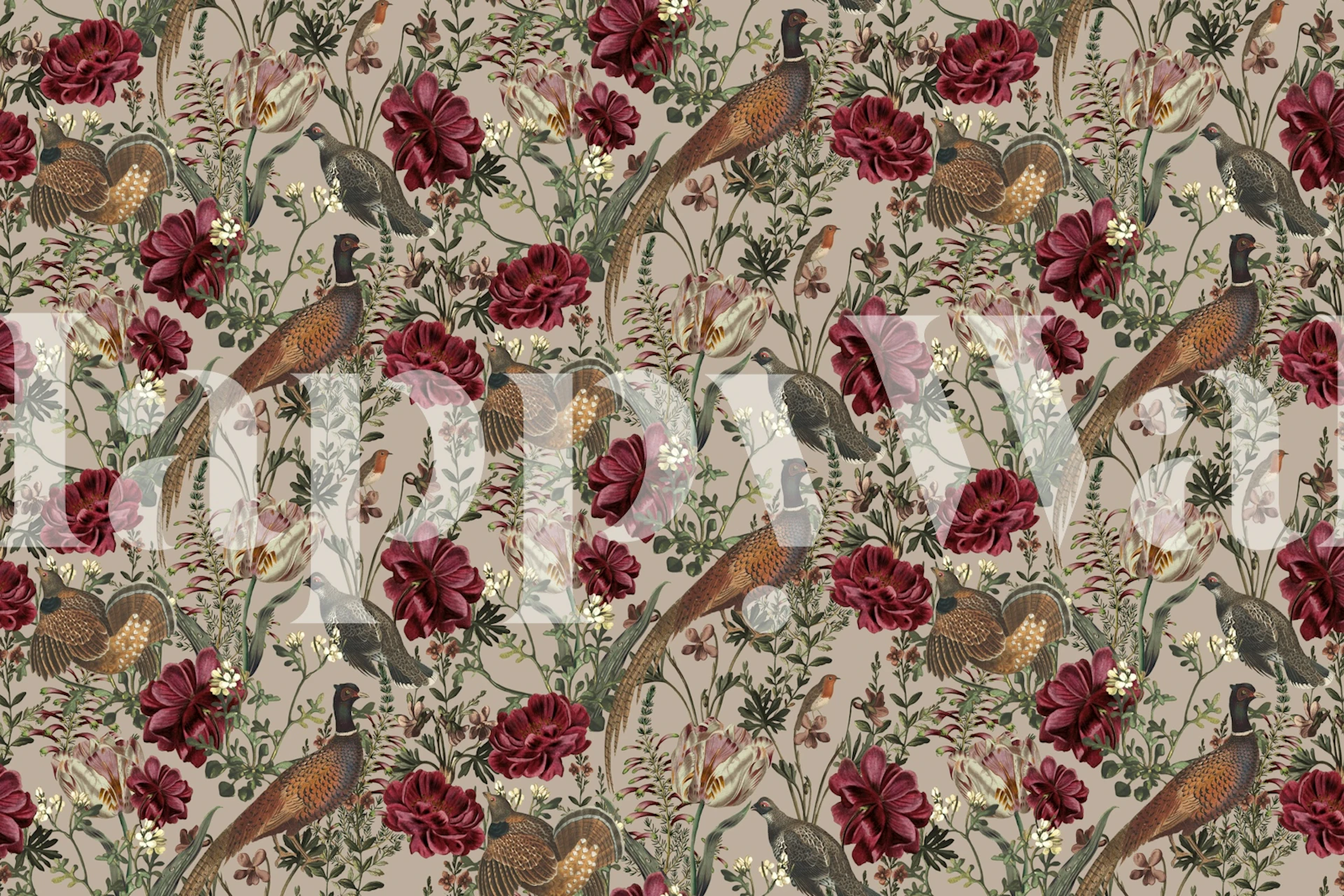 Pheasant floral wallpaper in a beige room