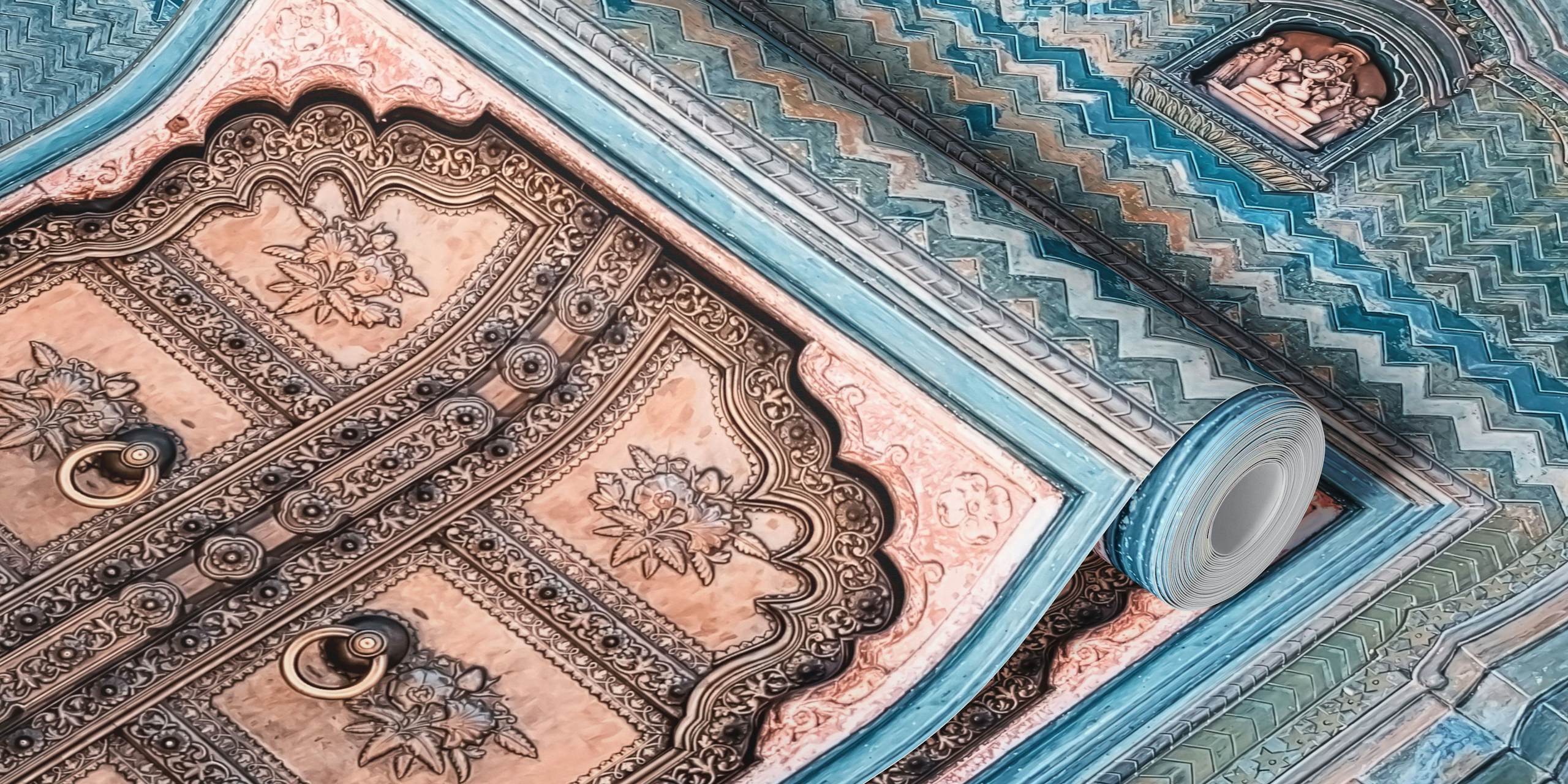 Mural de pared Indian Door con intrincados patrones turquesas y encanto histórico para decoración de interiores